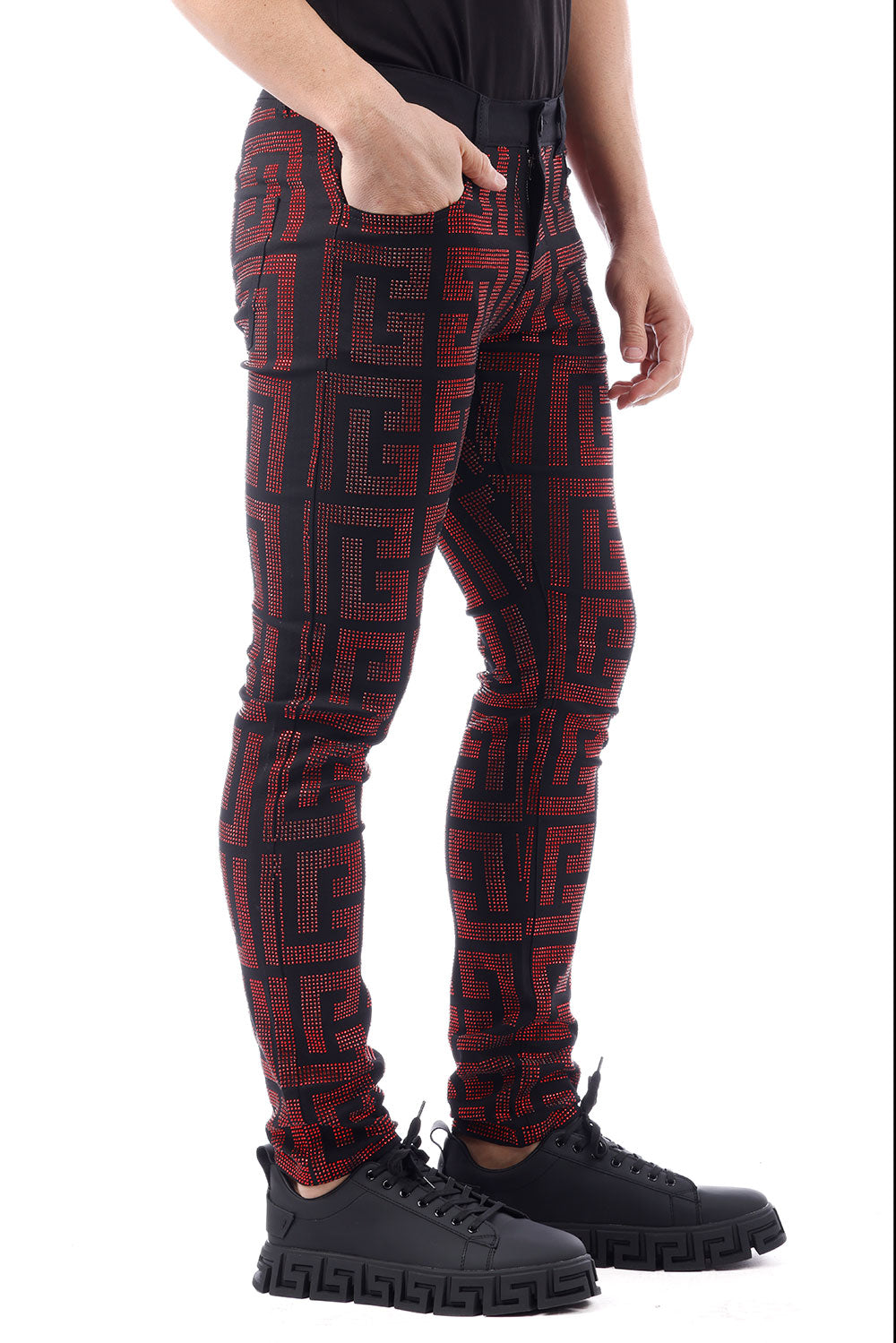 Barabas Men's Greek Key Pattern Rhinestone Jogger Pants 2CPR7 Red