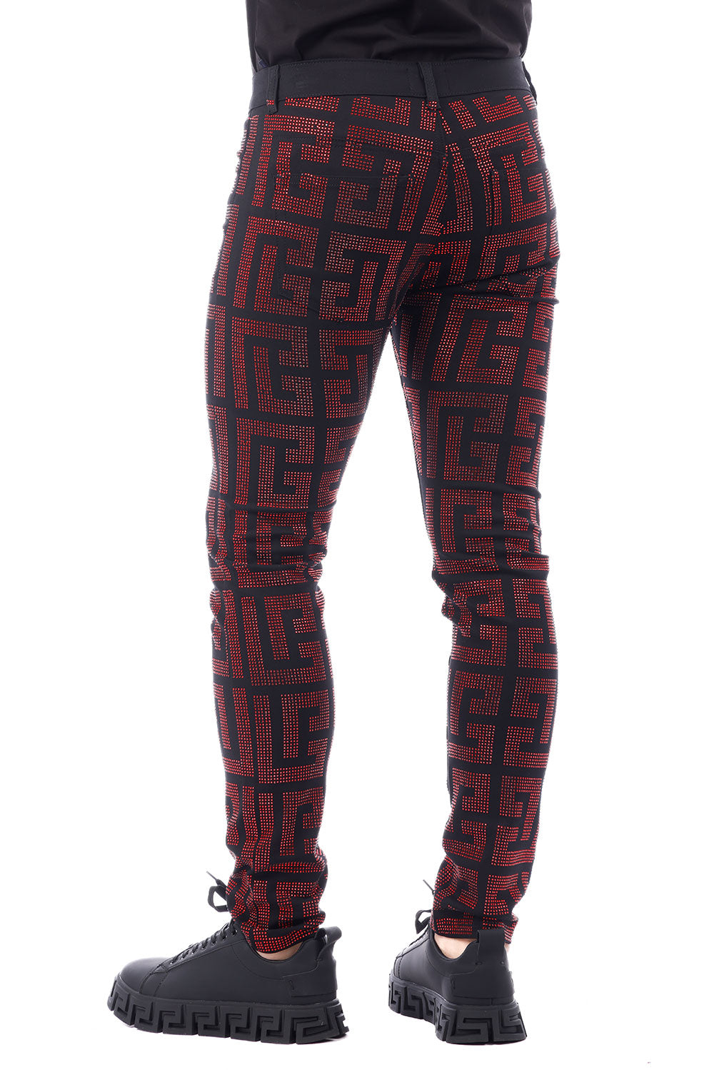 Barabas Men's Greek Key Pattern Rhinestone Jogger Pants 2CPR7 Red