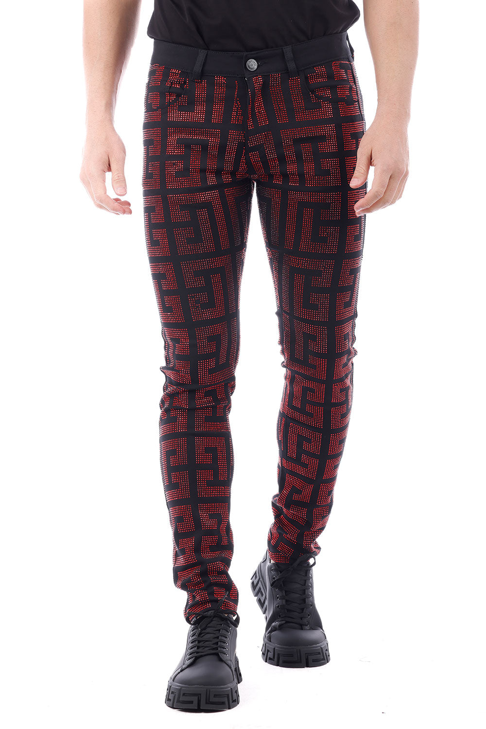 Barabas Men's Greek Key Pattern Rhinestone Jogger Pants 2CPR7 Red