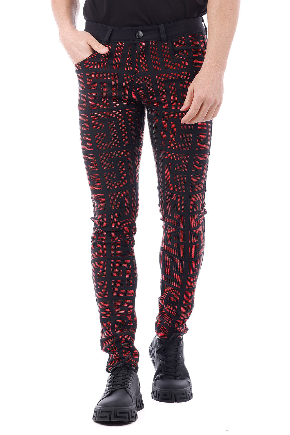 Barabas Men's Greek Key Pattern Rhinestone Jogger Pants 2CPR7 Black Red