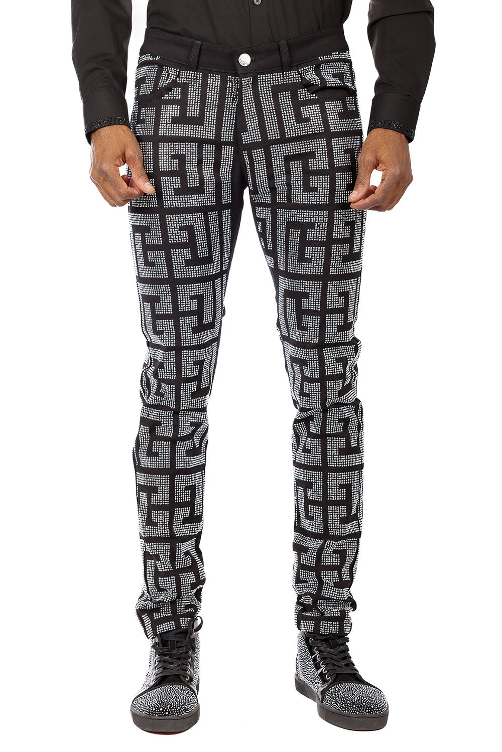 Barabas Men's Greek Key Pattern Rhinestone Casual Pants 2CPR7 Black Silver