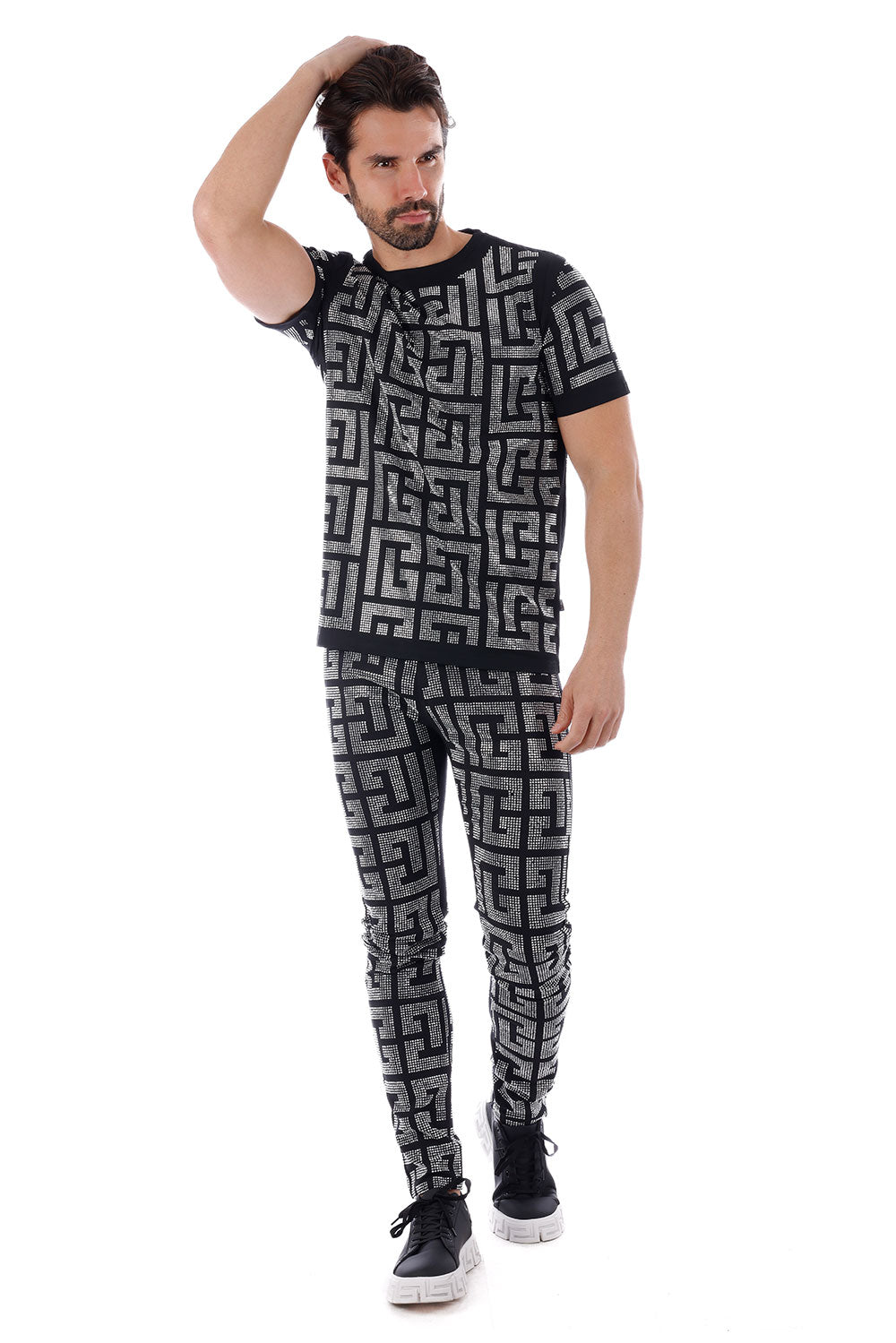 Barabas Men's Greek Key Pattern Rhinestone Casual Pants 2CPR7 Black Silver