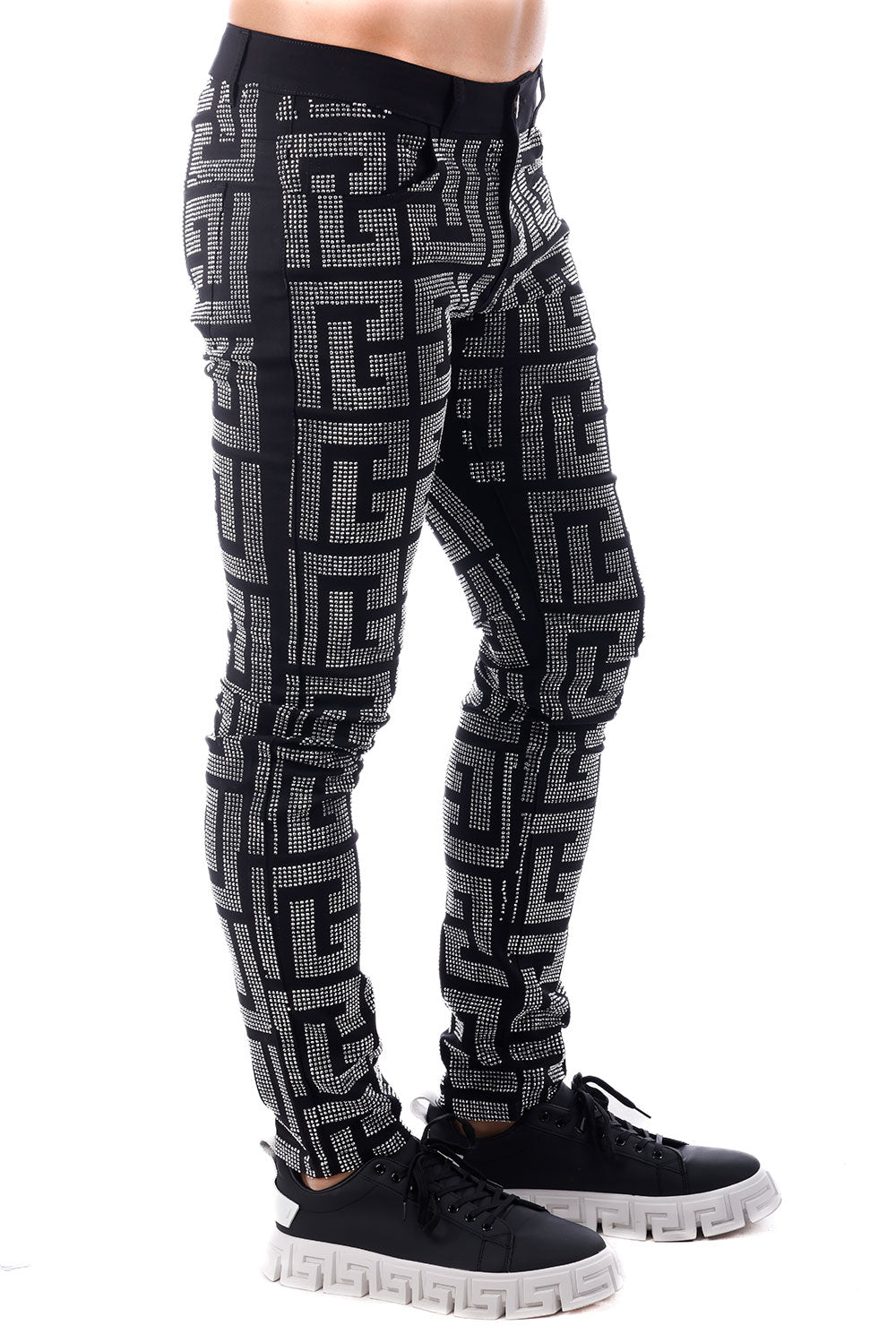 Barabas Men's Greek Key Pattern Rhinestone Casual Pants 2CPR7 Black Silver