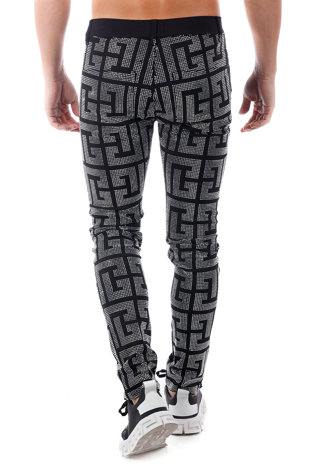 Barabas Men's Greek Key Pattern Rhinestone Jogger Pants 2CPR7 Black