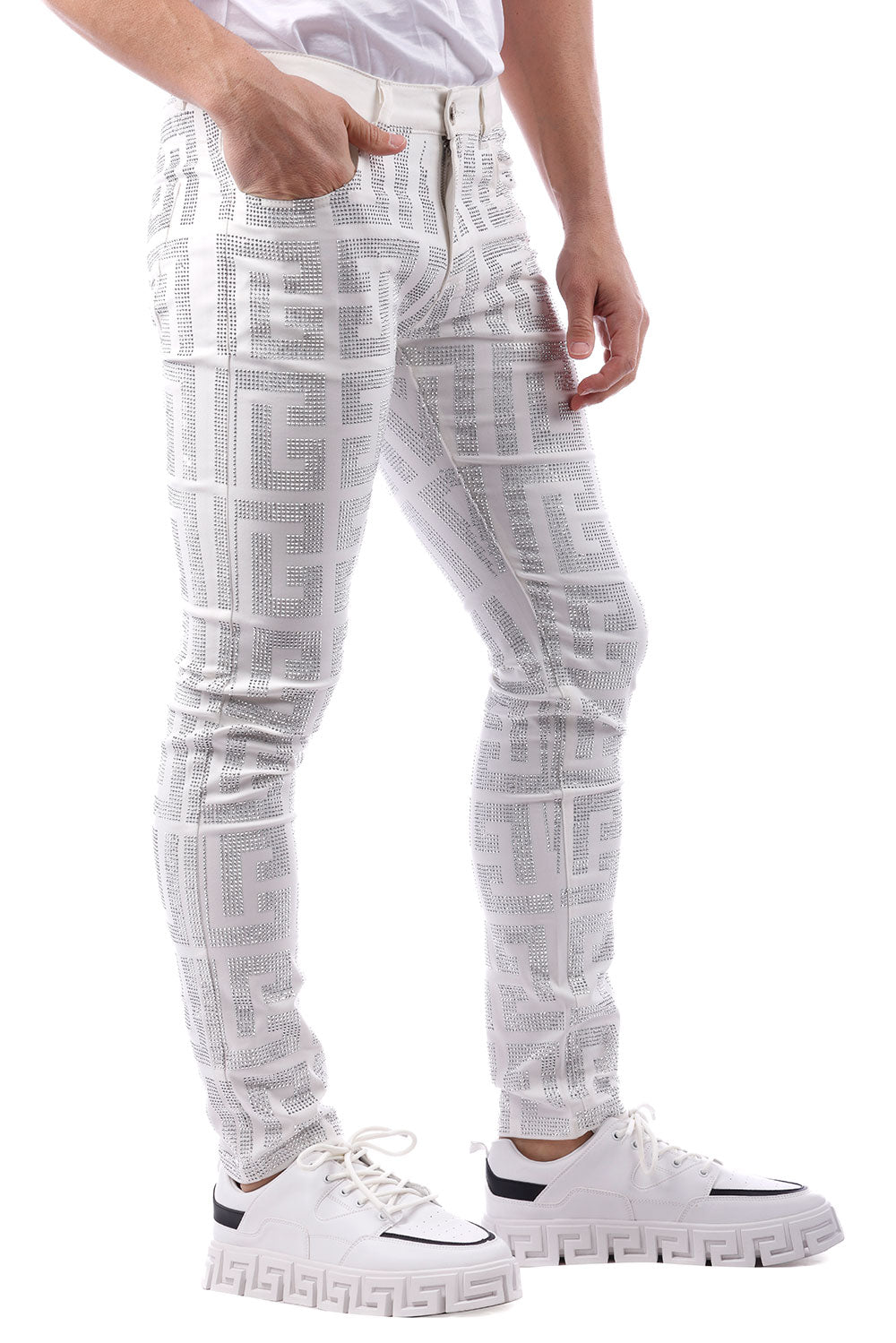 Barabas Men's Greek Key Pattern Rhinestone Jogger Pants 2CPR7 White