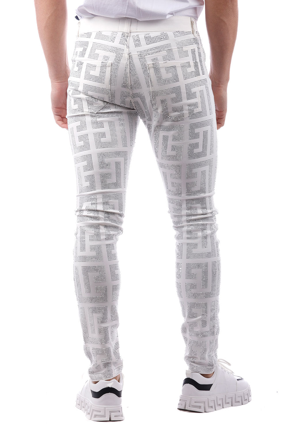 Barabas Men's Greek Key Pattern Rhinestone Jogger Pants 2CPR7 White Silver