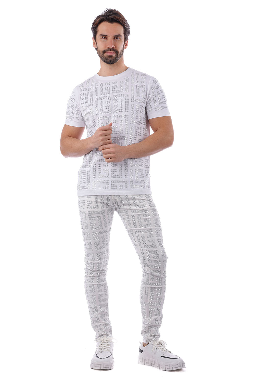 Barabas Men's Greek Key Pattern Rhinestone Jogger Pants 2CPR7 White