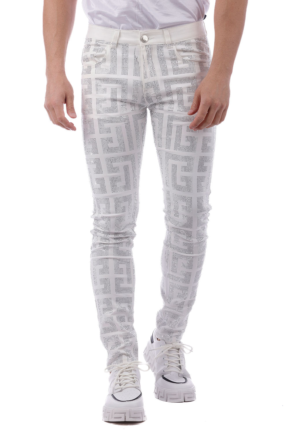 Barabas Men's Greek Key Pattern Rhinestone Jogger Pants 2CPR7 White