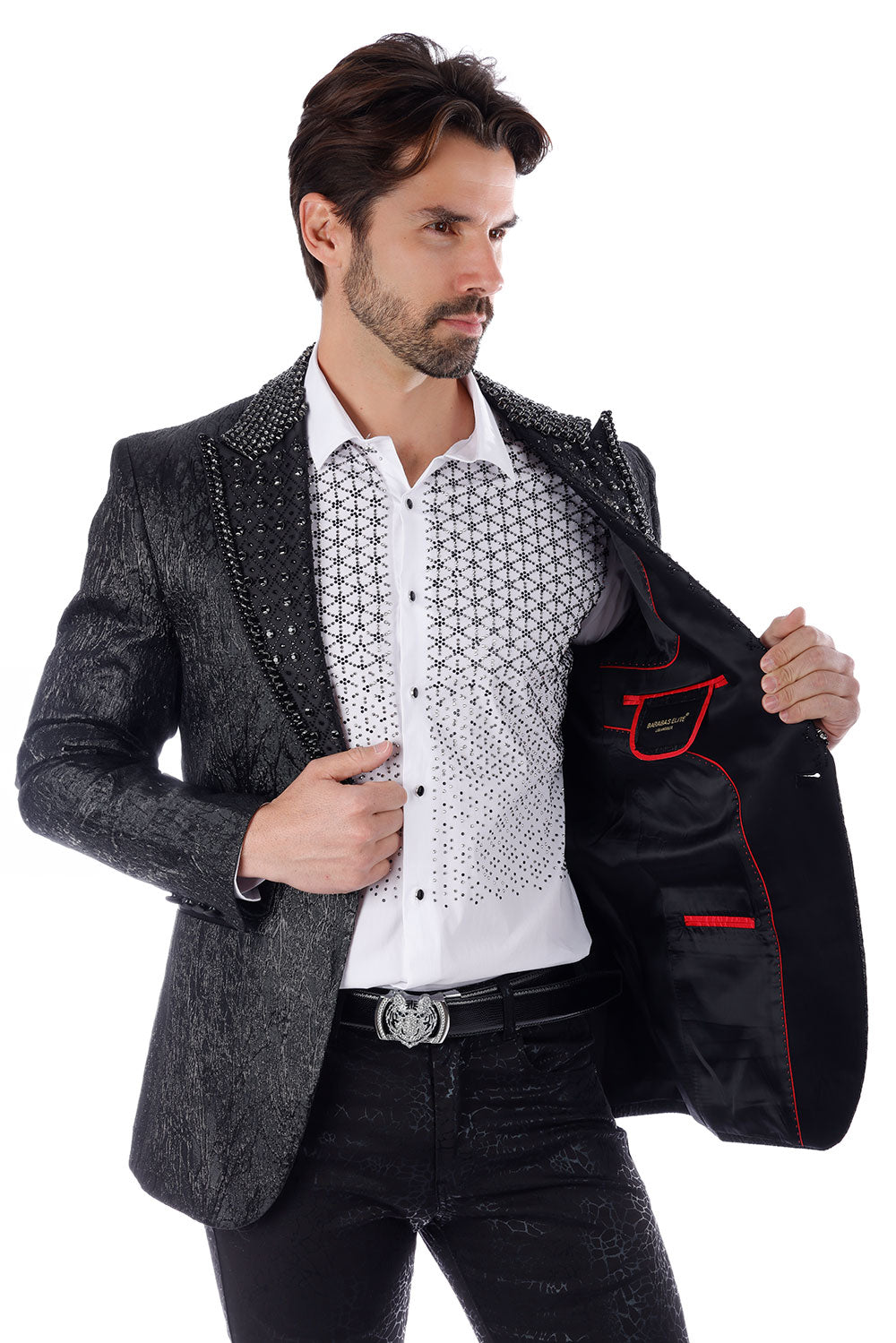 Barabas Men's Shiny Crystals Beads Rhinestone Peak Lapel Blazer 2EBL11 Black