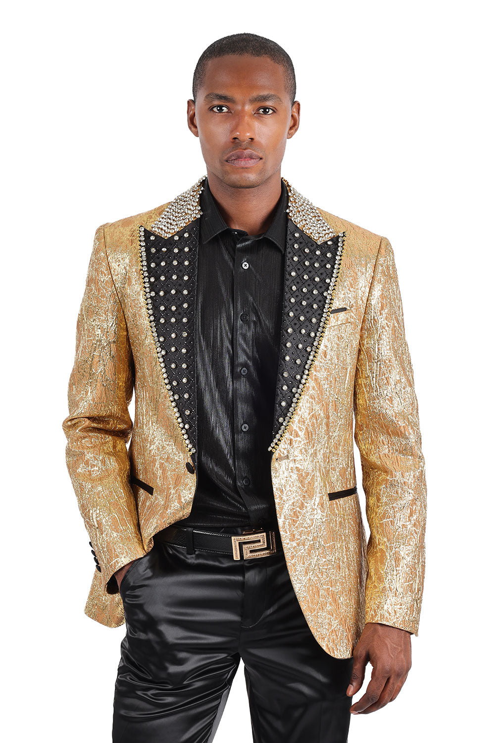 Barabas Men's Shiny Crystals Beads Rhinestone Peak Lapel Blazer 2EBL11 Gold