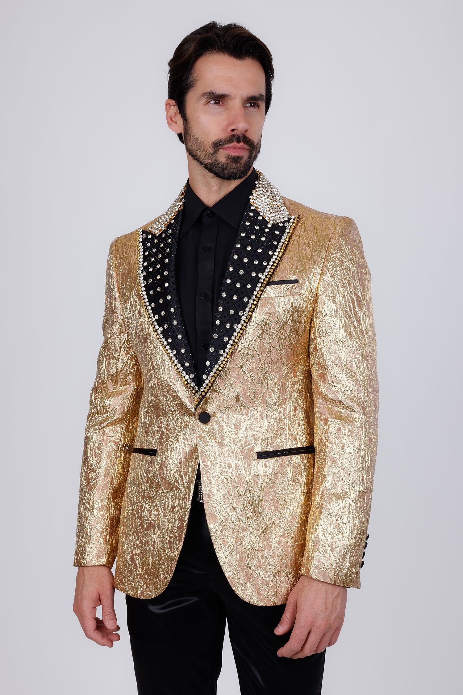 Barabas Men's Shiny Crystals Beads Rhinestone Peak Lapel Blazer 2EBL11 Gold