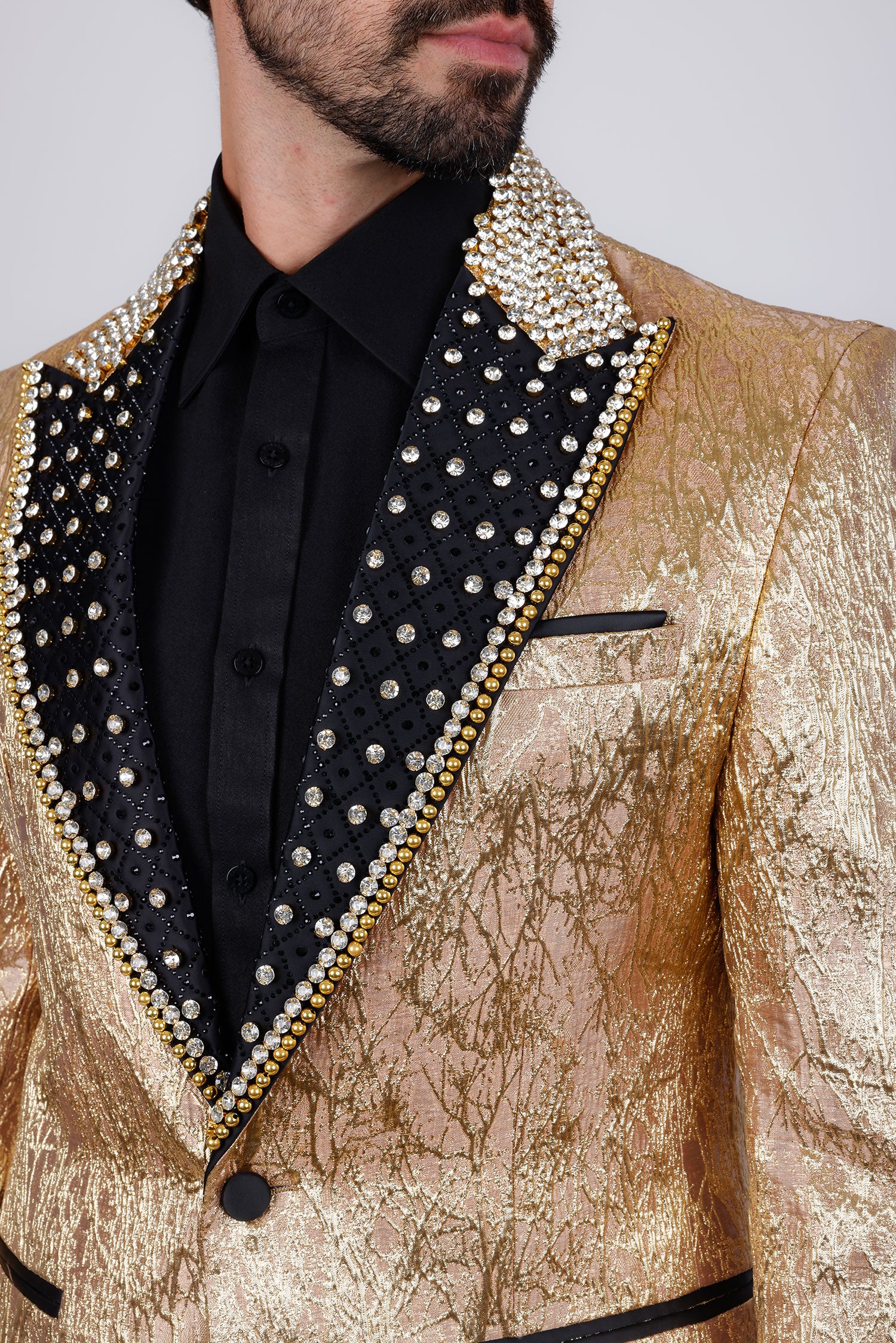 Barabas Men's Shiny Crystals Beads Rhinestone Peak Lapel Blazer 2EBL11 Gold