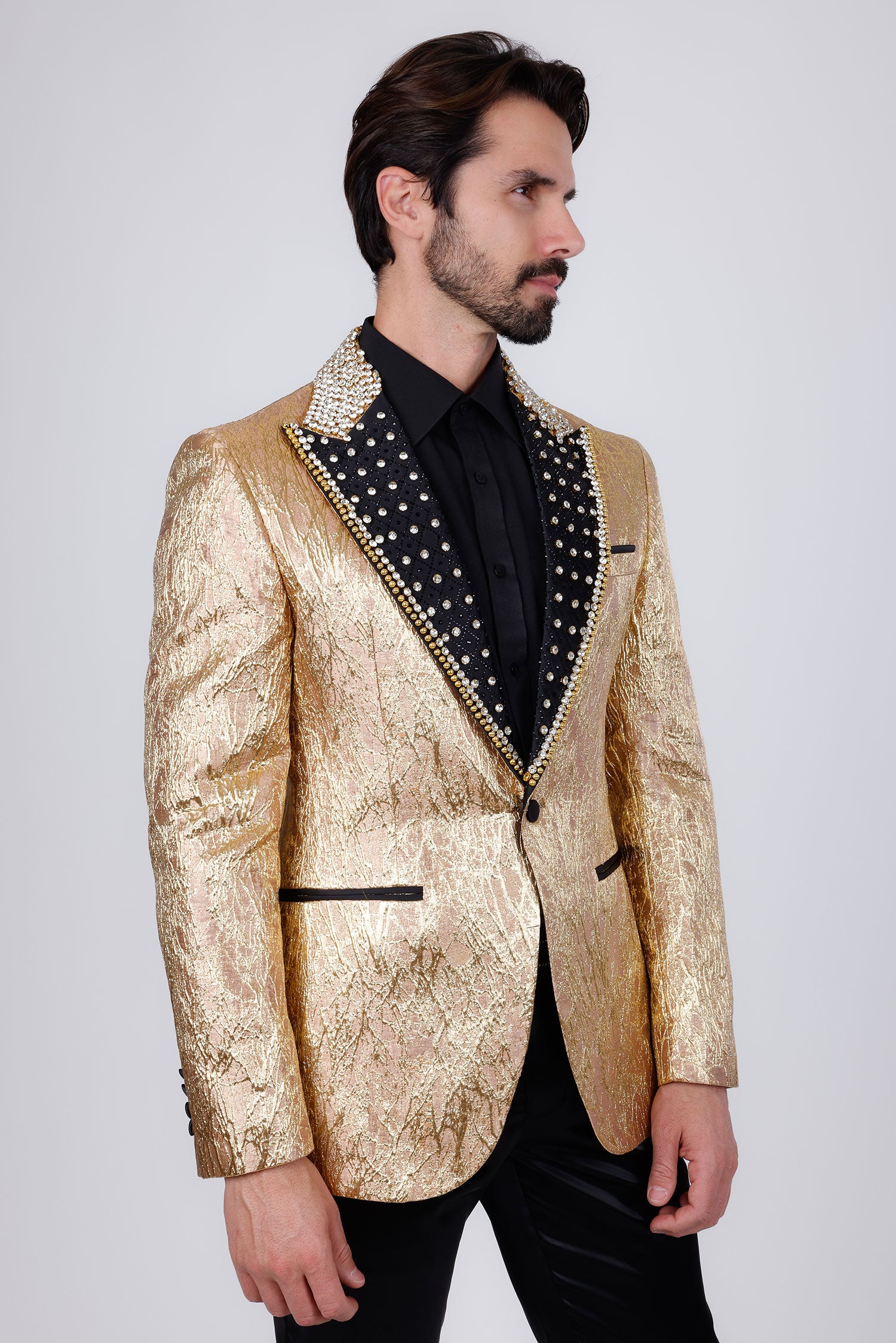 Barabas Men's Shiny Crystals Beads Rhinestone Peak Lapel Blazer 2EBL11 Gold