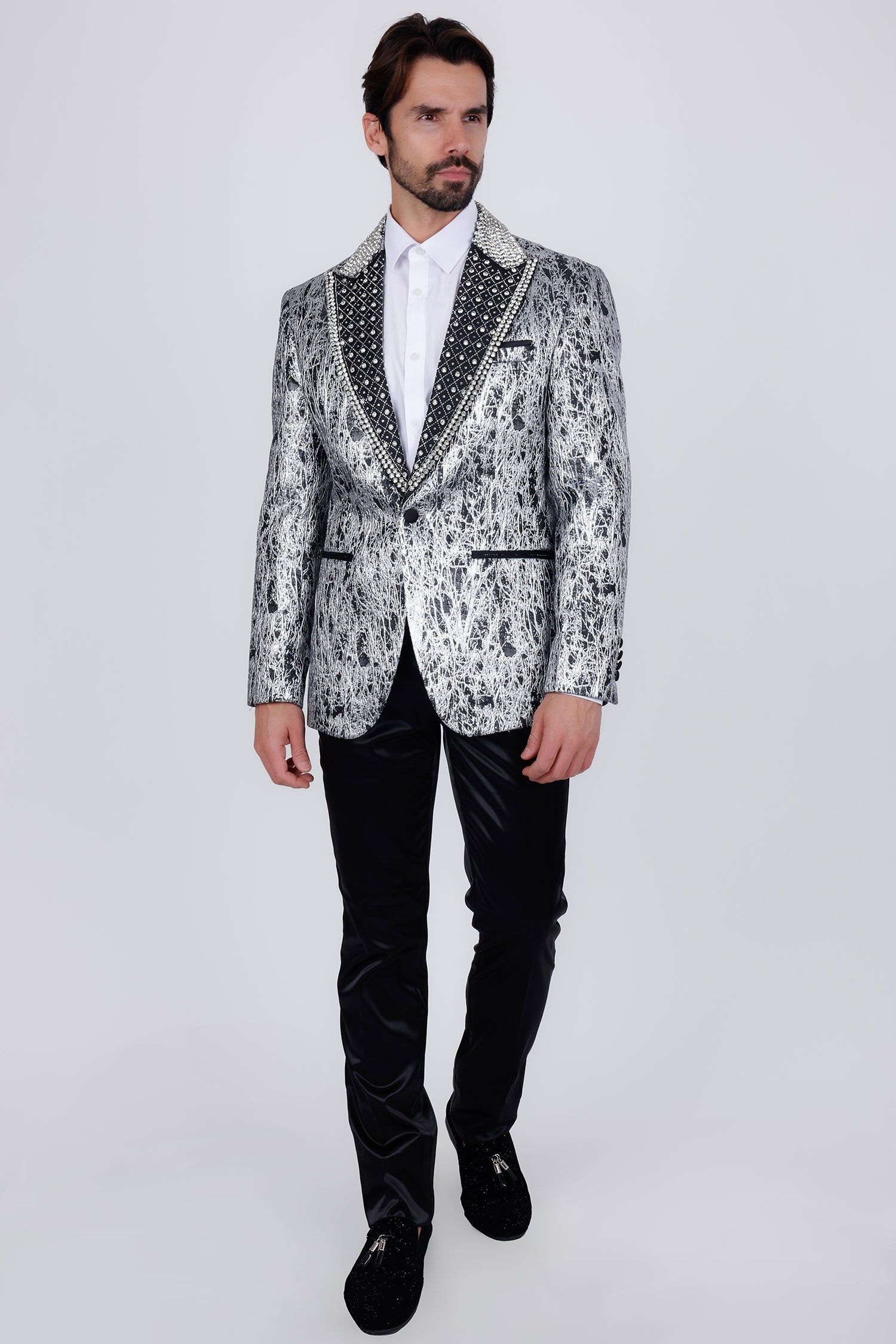 Barabas Men's Shiny Crystals Beads Rhinestone Peak Lapel Blazer 2EBL11 Pewter