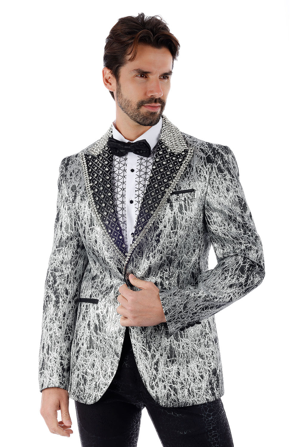 Barabas Men's Shiny Crystals Beads Rhinestone Peak Lapel Blazer 2EBL11 Pewter