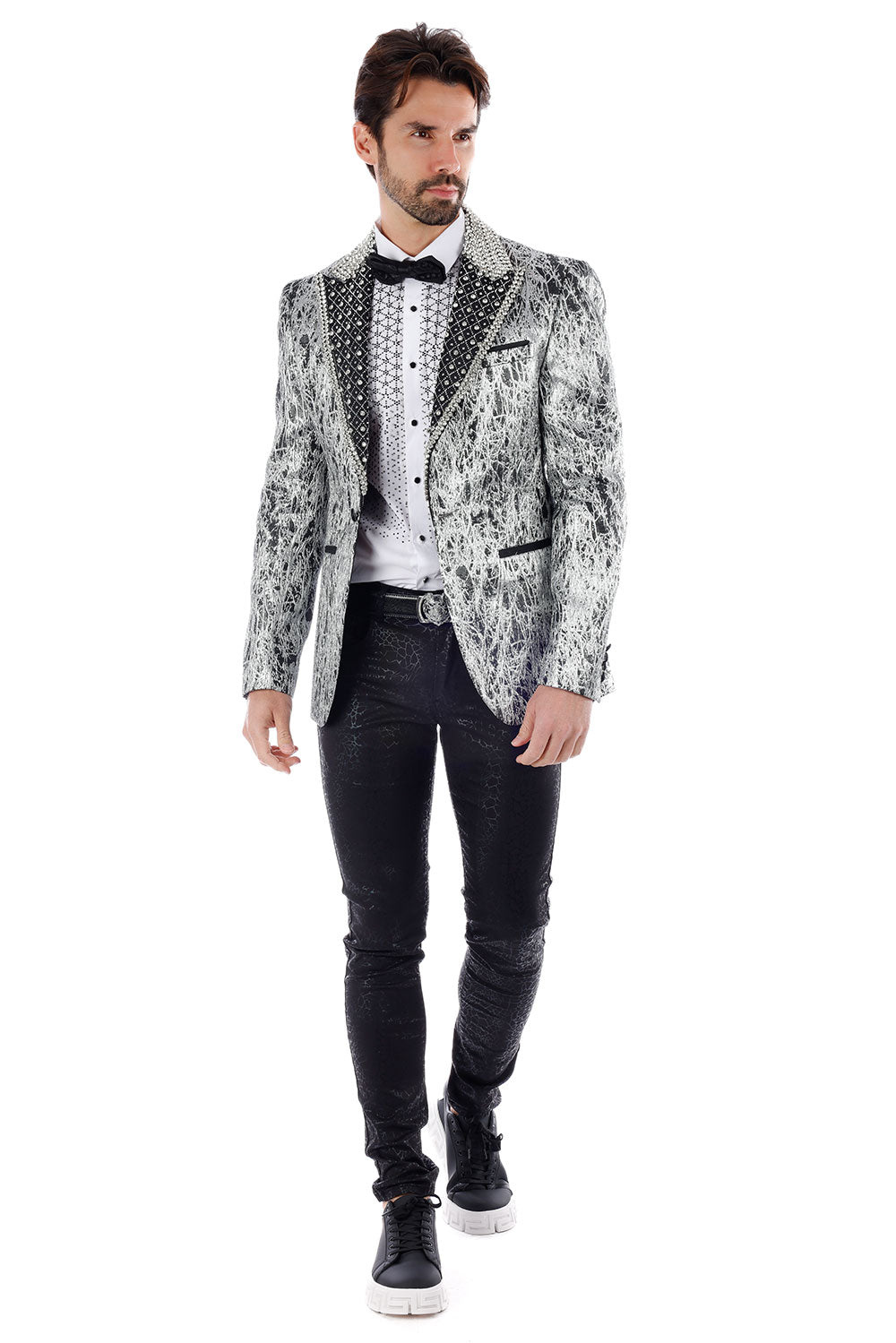 Barabas Men's Shiny Crystals Beads Rhinestone Peak Lapel Blazer 2EBL11 Pewter