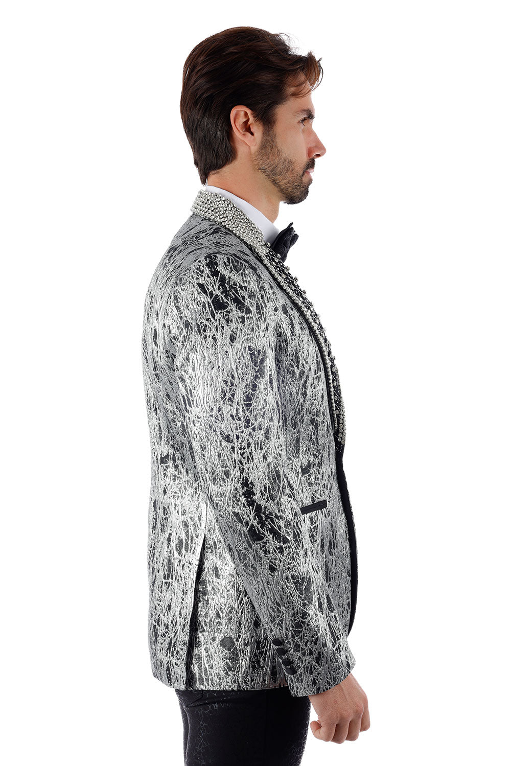 Barabas Men's Shiny Crystals Beads Rhinestone Peak Lapel Blazer 2EBL11 Pewter