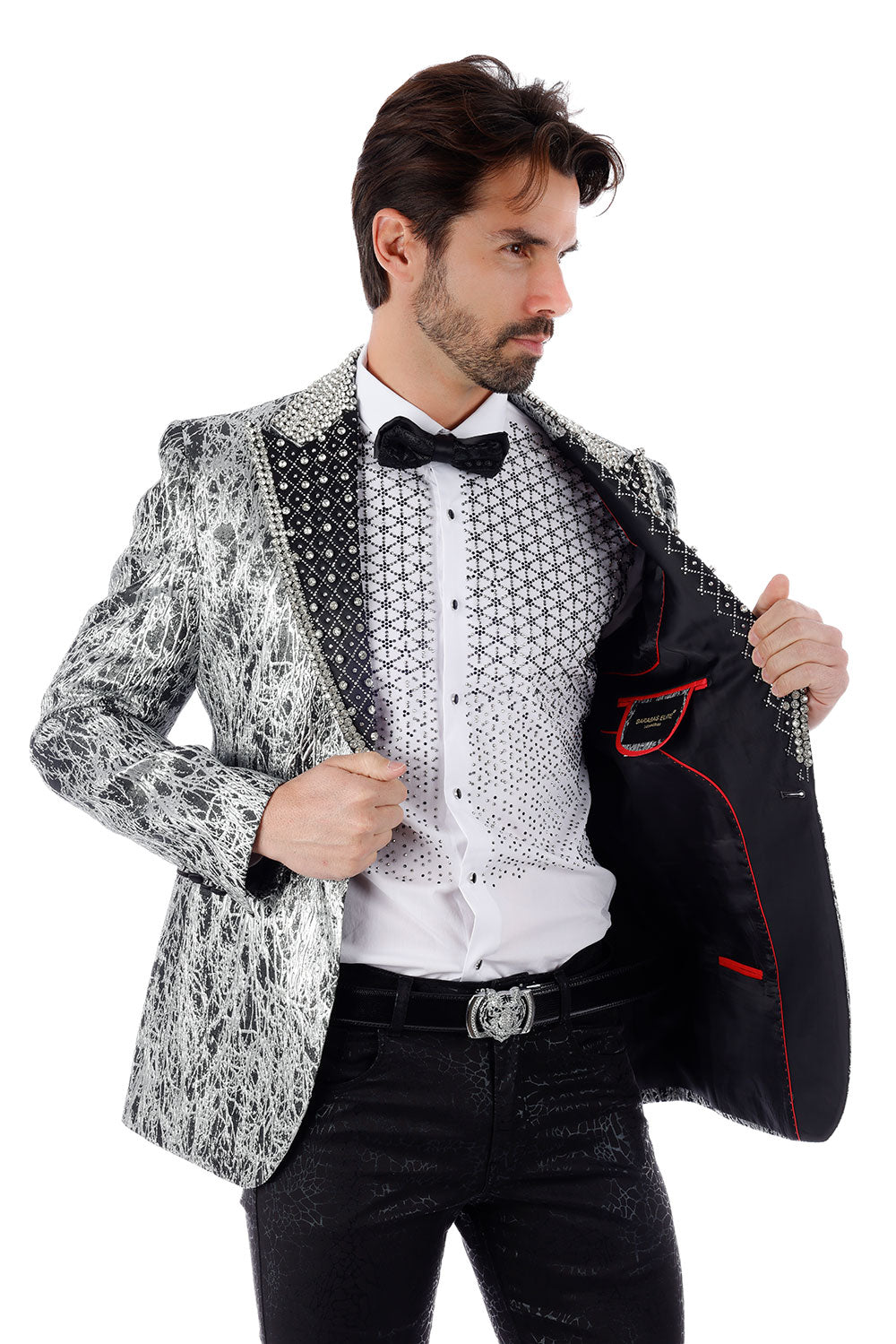 Barabas Men's Shiny Crystals Beads Rhinestone Peak Lapel Blazer 2EBL11 Pewter