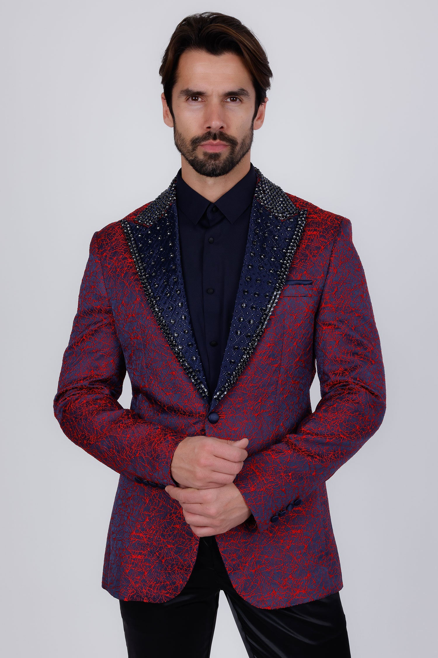 Barabas Men's Shiny Crystals Beads Rhinestone Peak Lapel Blazer 2EBL11 Red Navy