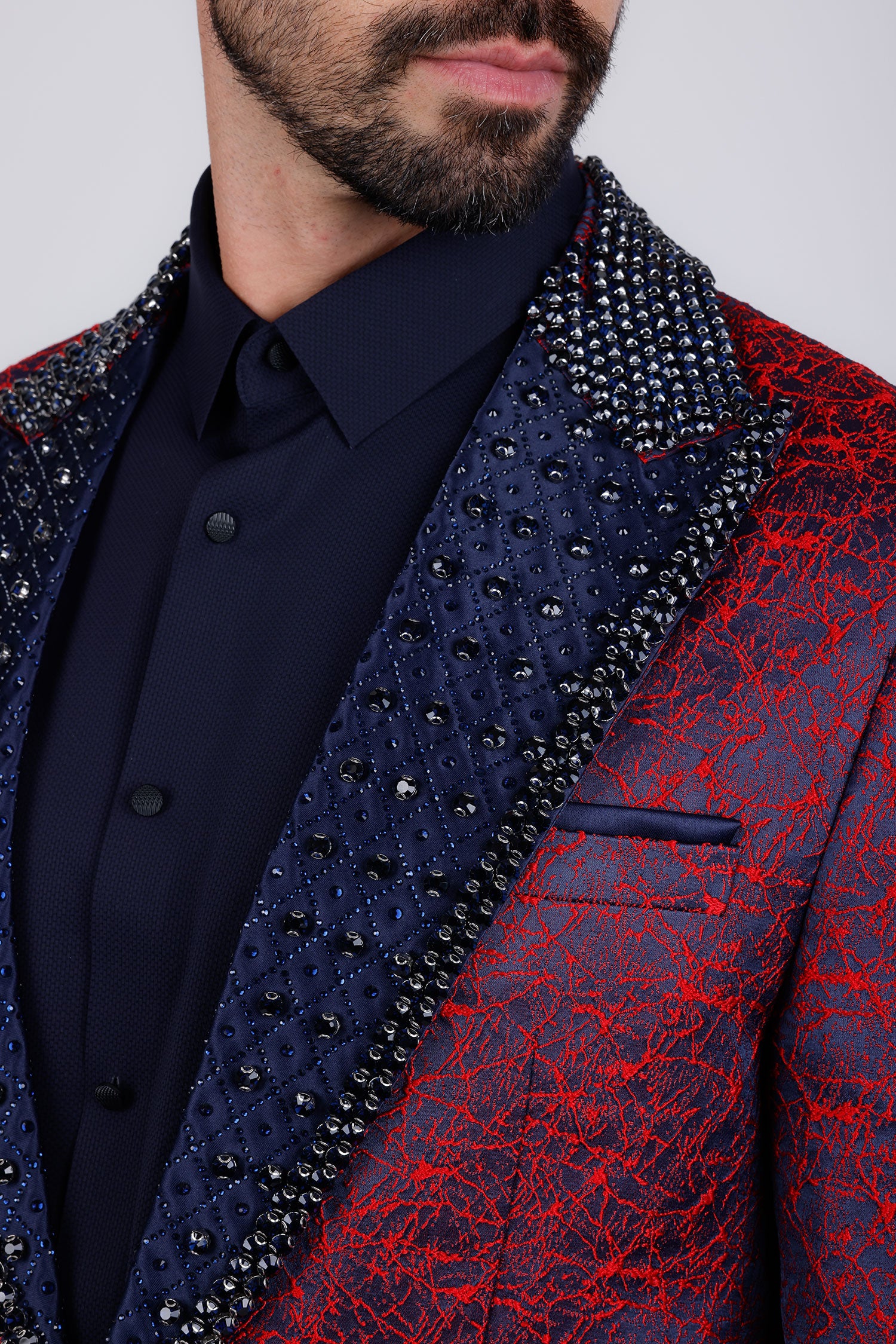 Barabas Men's Shiny Crystals Beads Rhinestone Peak Lapel Blazer 2EBL11 Red Navy