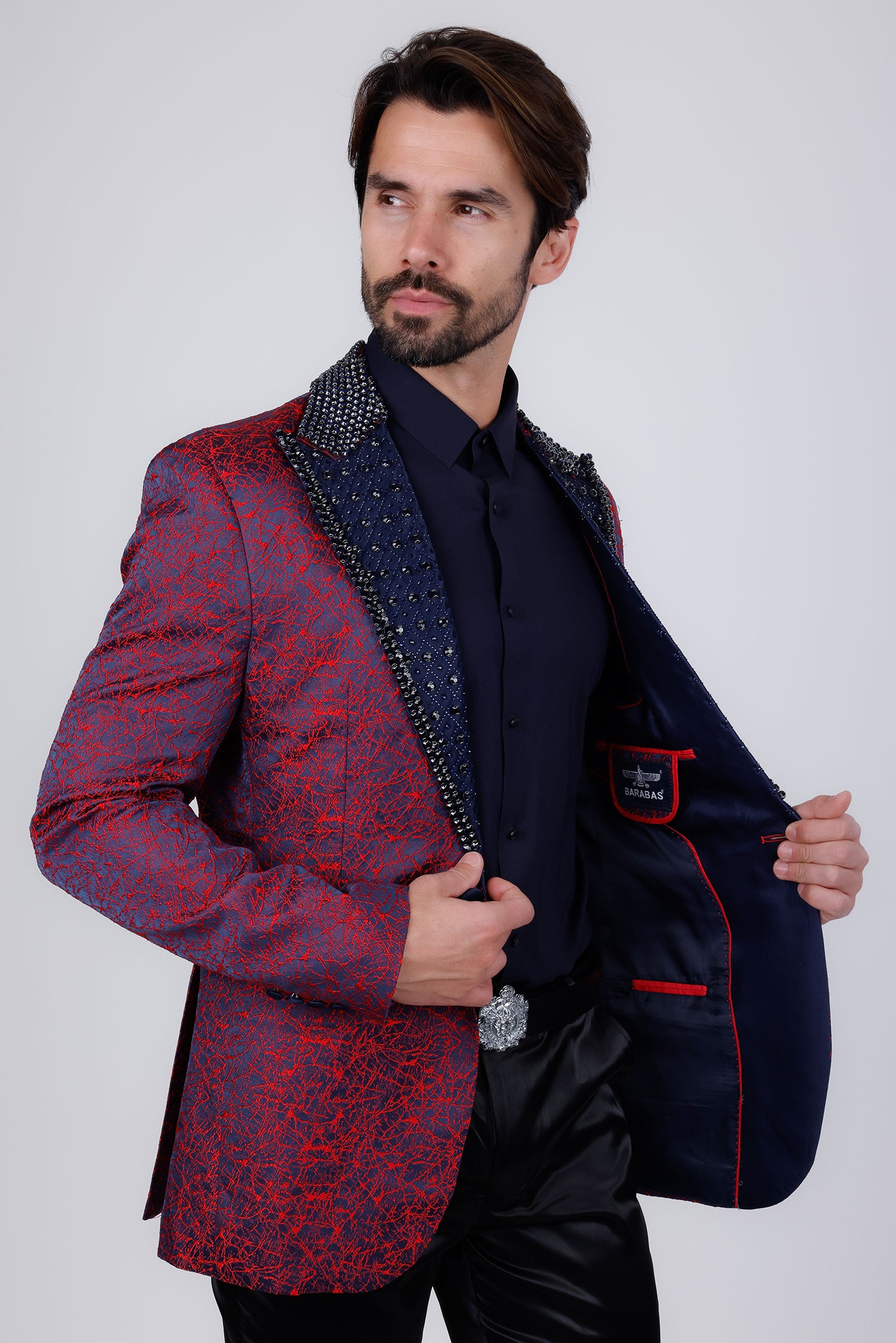 Barabas Men's Shiny Crystals Beads Rhinestone Peak Lapel Blazer 2EBL11 Red Navy