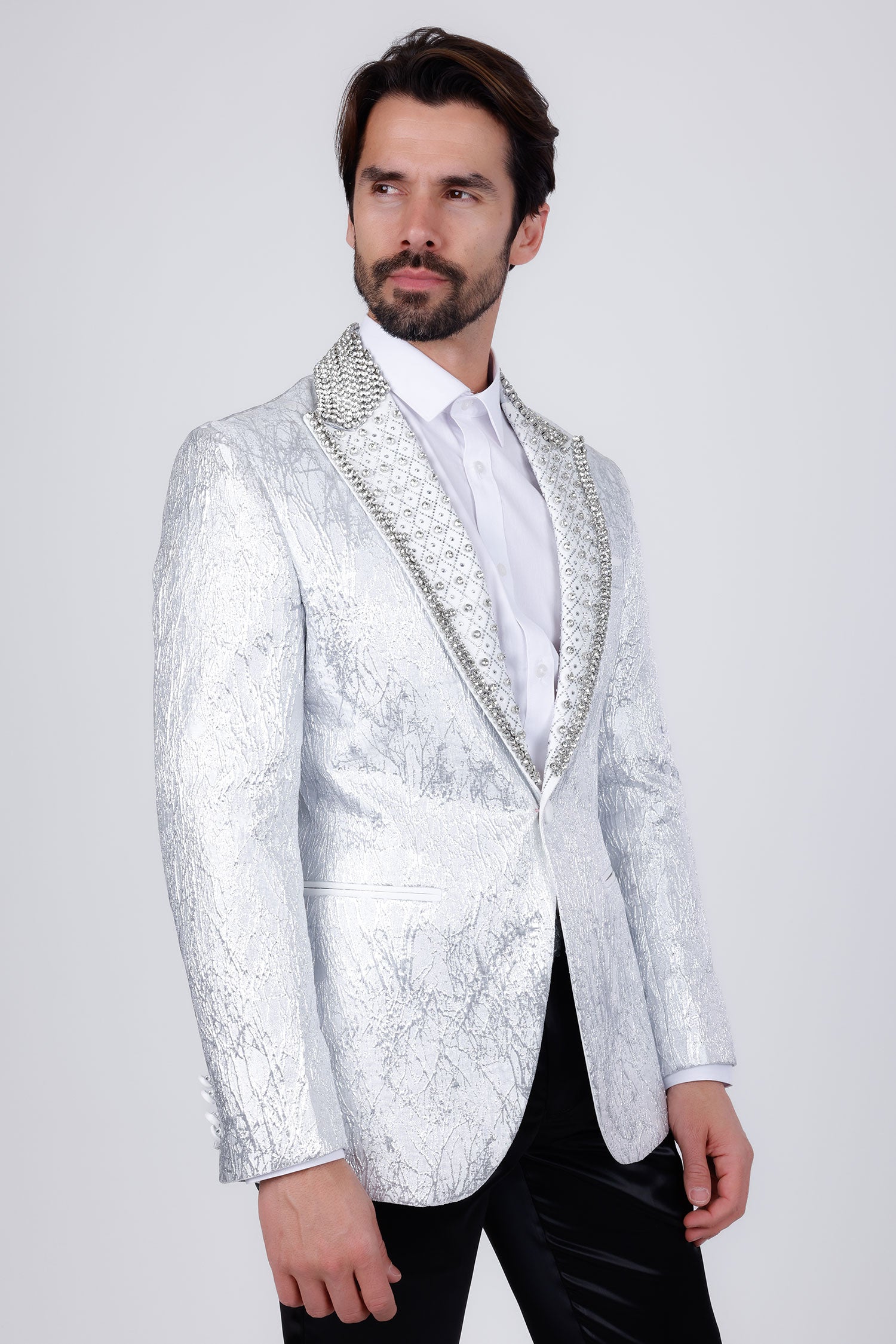 Barabas Men's Shiny Crystals Beads Rhinestone Peak Lapel Blazer 2EBL11 Silver