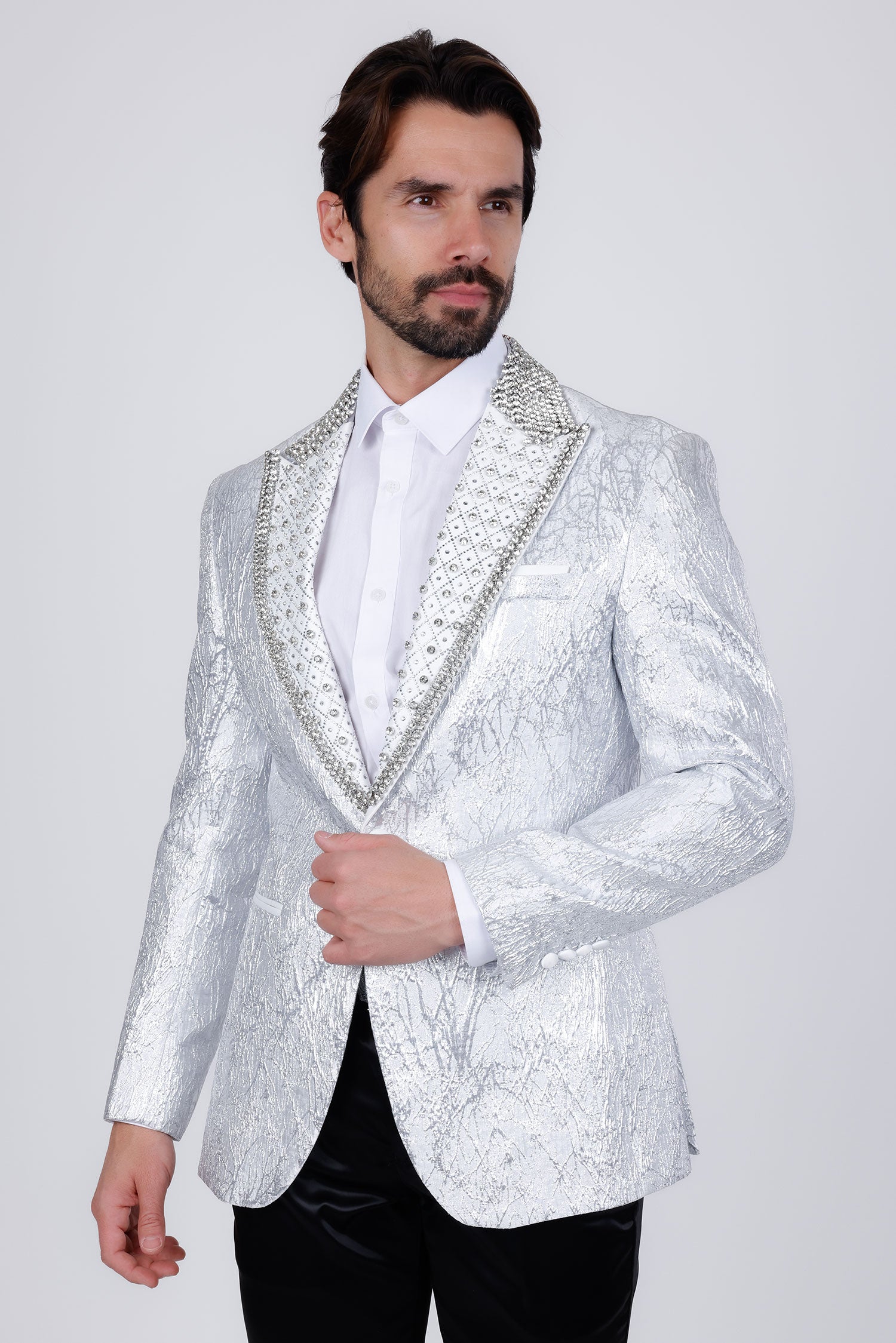 Barabas Men's Shiny Crystals Beads Rhinestone Peak Lapel Blazer 2EBL11 Silver