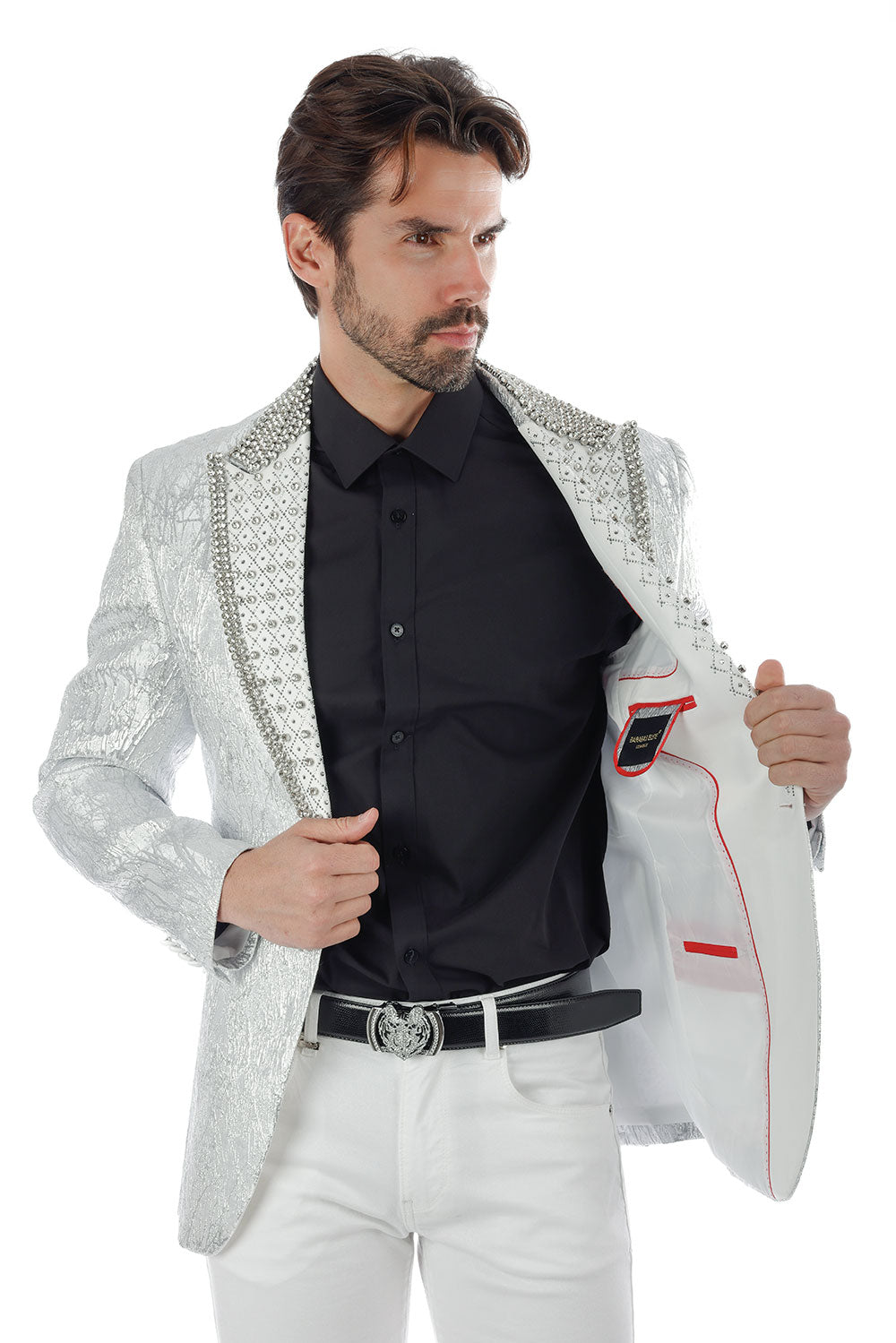 Barabas Men's Shiny Crystals Beads Rhinestone Peak Lapel Blazer 2EBL11 Silver