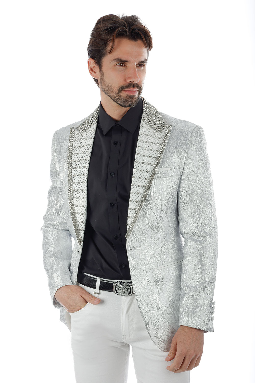 Barabas Men's Shiny Crystals Beads Rhinestone Peak Lapel Blazer 2EBL11 Silver