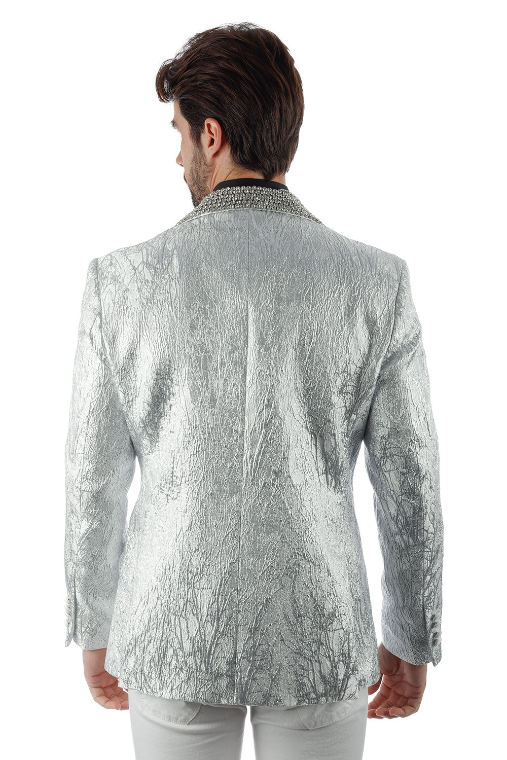 Barabas Men's Shiny Crystals Beads Rhinestone Peak Lapel Blazer 2EBL11 Silver