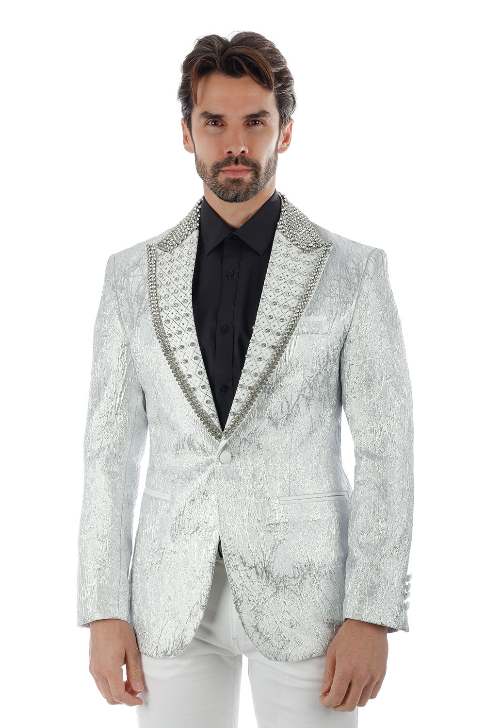 Barabas Men's Shiny Crystals Beads Rhinestone Peak Lapel Blazer 2EBL11 Silver