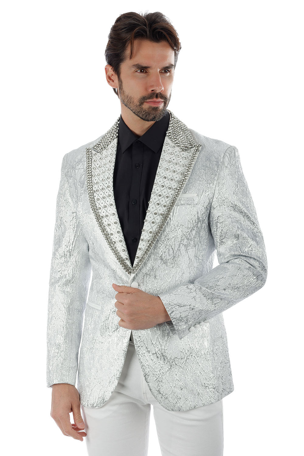 Barabas Men's Shiny Crystals Beads Rhinestone Peak Lapel Blazer 2EBL11 Silver