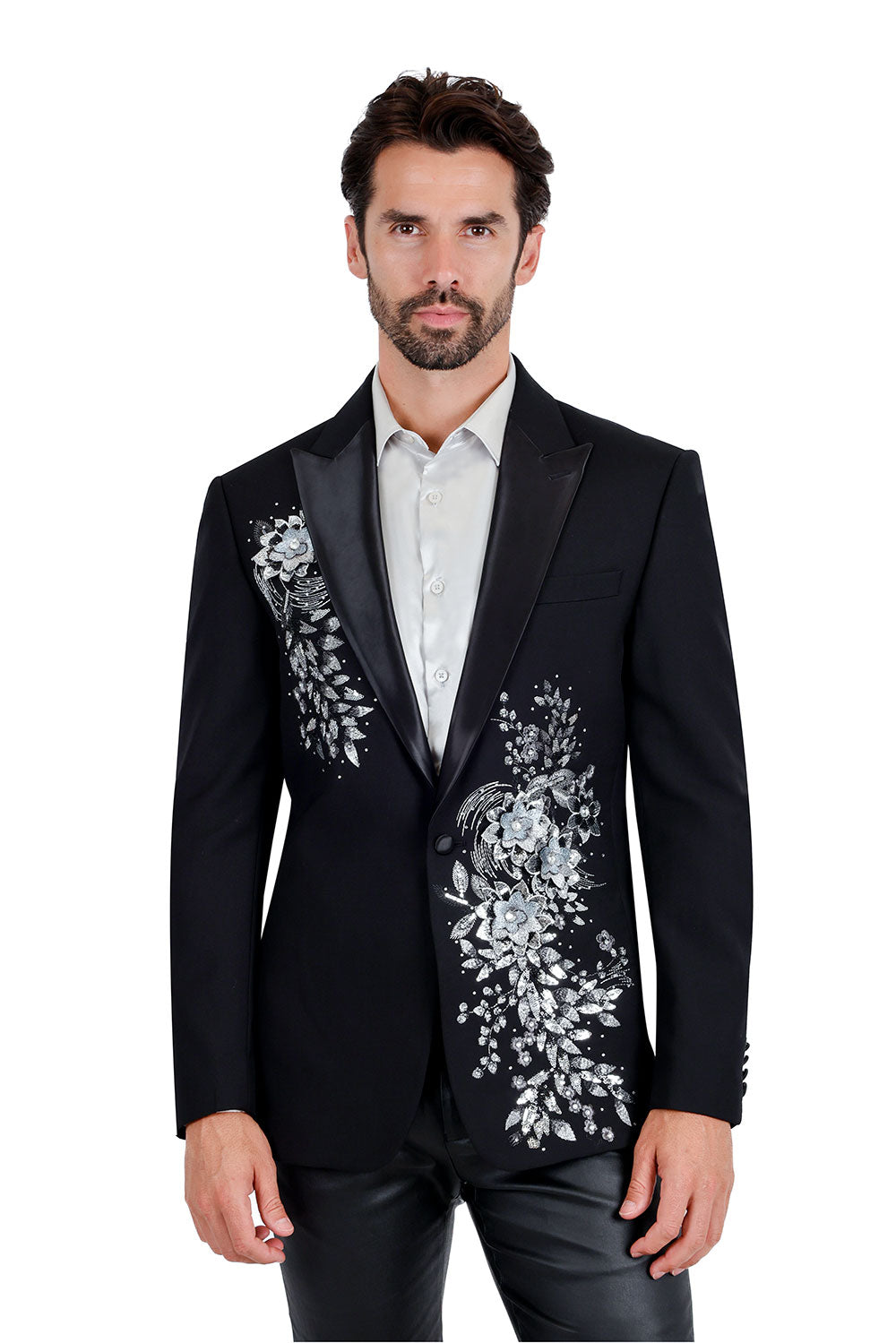 Barabas Men's Rhinestone embroidery flowers Peak Lapel Blazer 2EBL6 Black