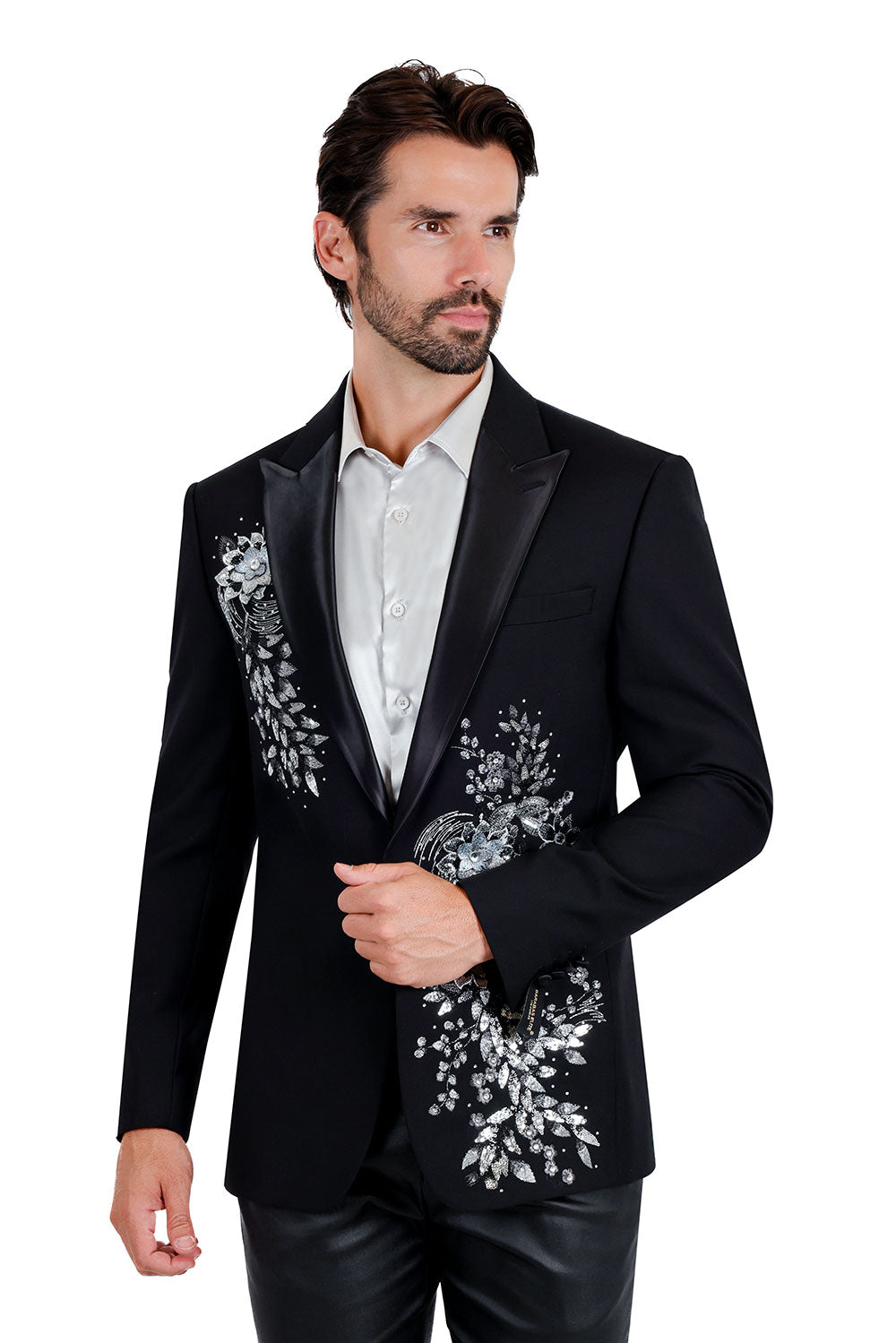 Barabas Men's Rhinestone embroidery flowers Peak Lapel Blazer 2EBL6 Black