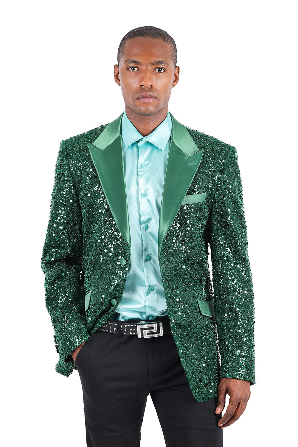 Barabas Men's Shiny Sequins Peak Lapel Luxury blazer 2EBL8 Hunter Green