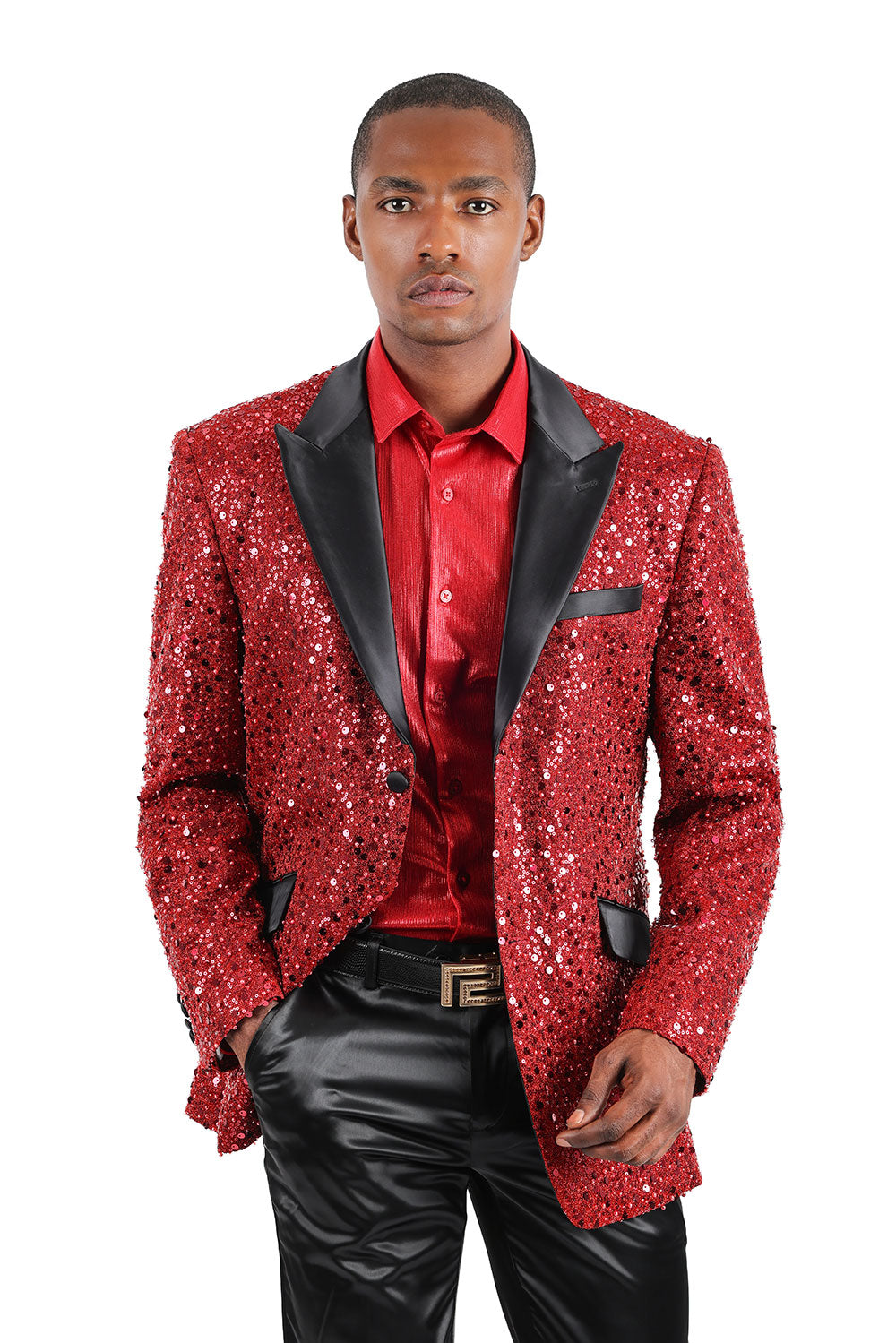 Barabas Men's Shiny Sequins Peak Lapel Luxury blazer 2EBL8 Red