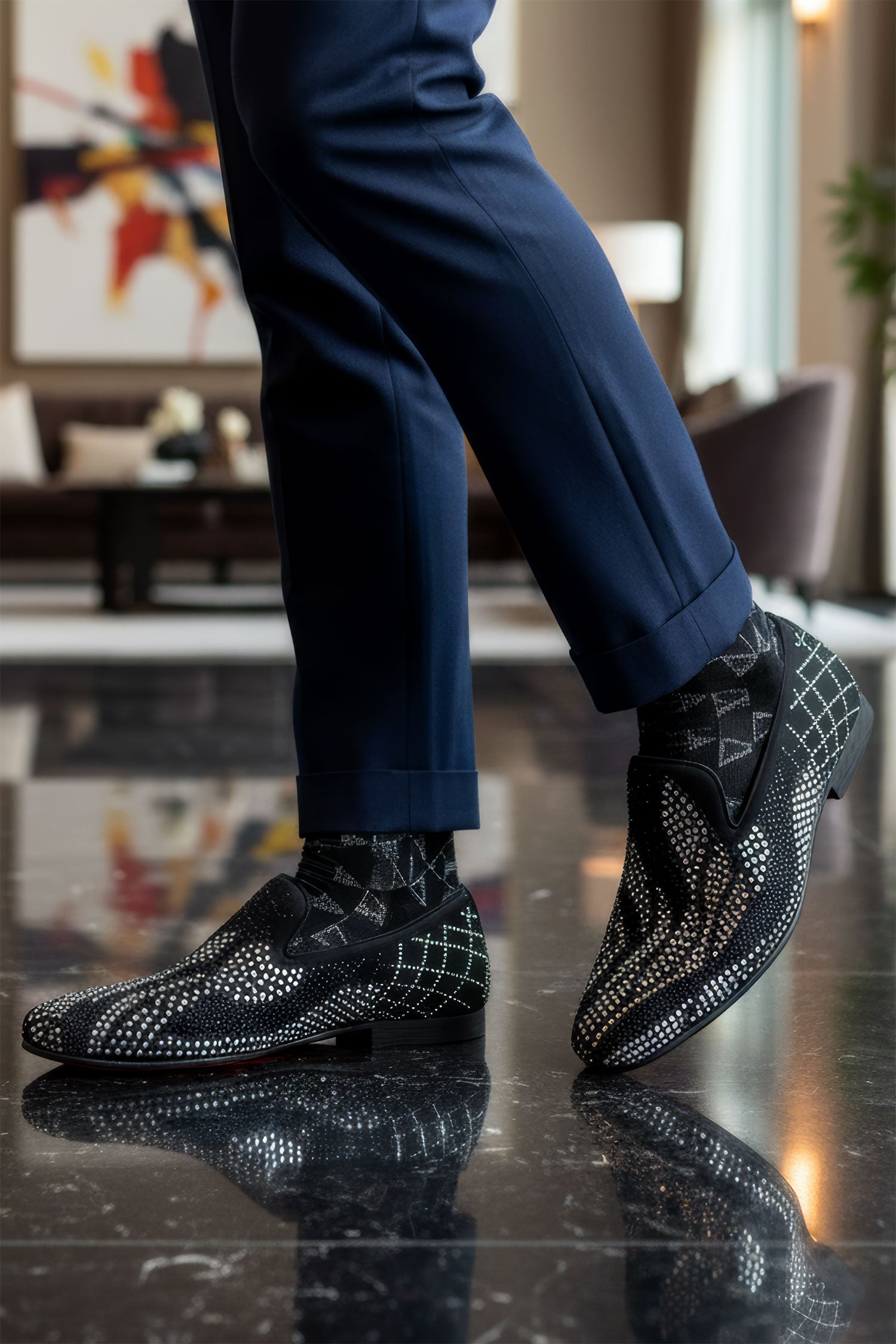 Barabas Men's Jewel Studded Pattern Slip On Luxury Dress Shoes 2ESH1 Black