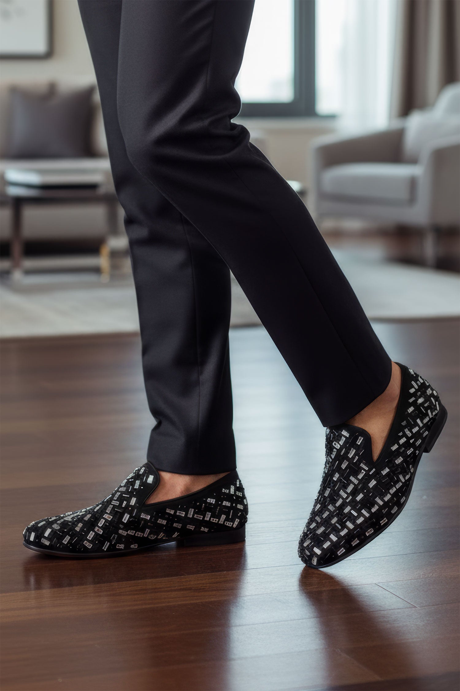 BARABAS Men's Rectangle Rhinestone Jewel Slip On Dress Shoes 2ESH4 Black