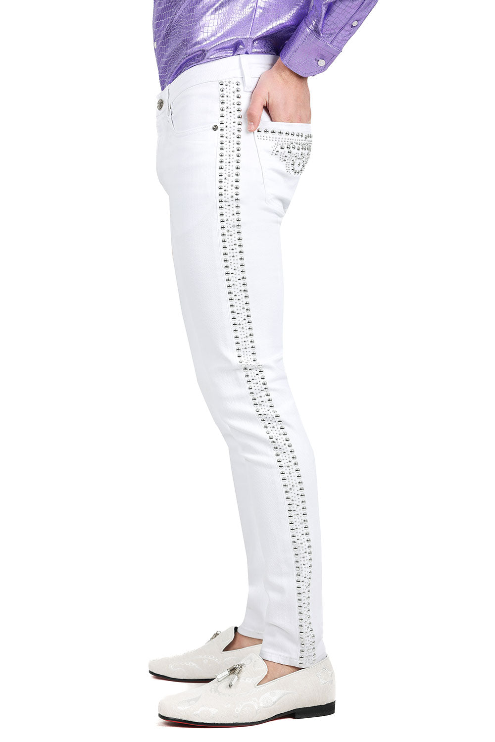 BARABAS Men Jeans Stretch Rhinestone Denim Jeans 2JER22 White and Silver