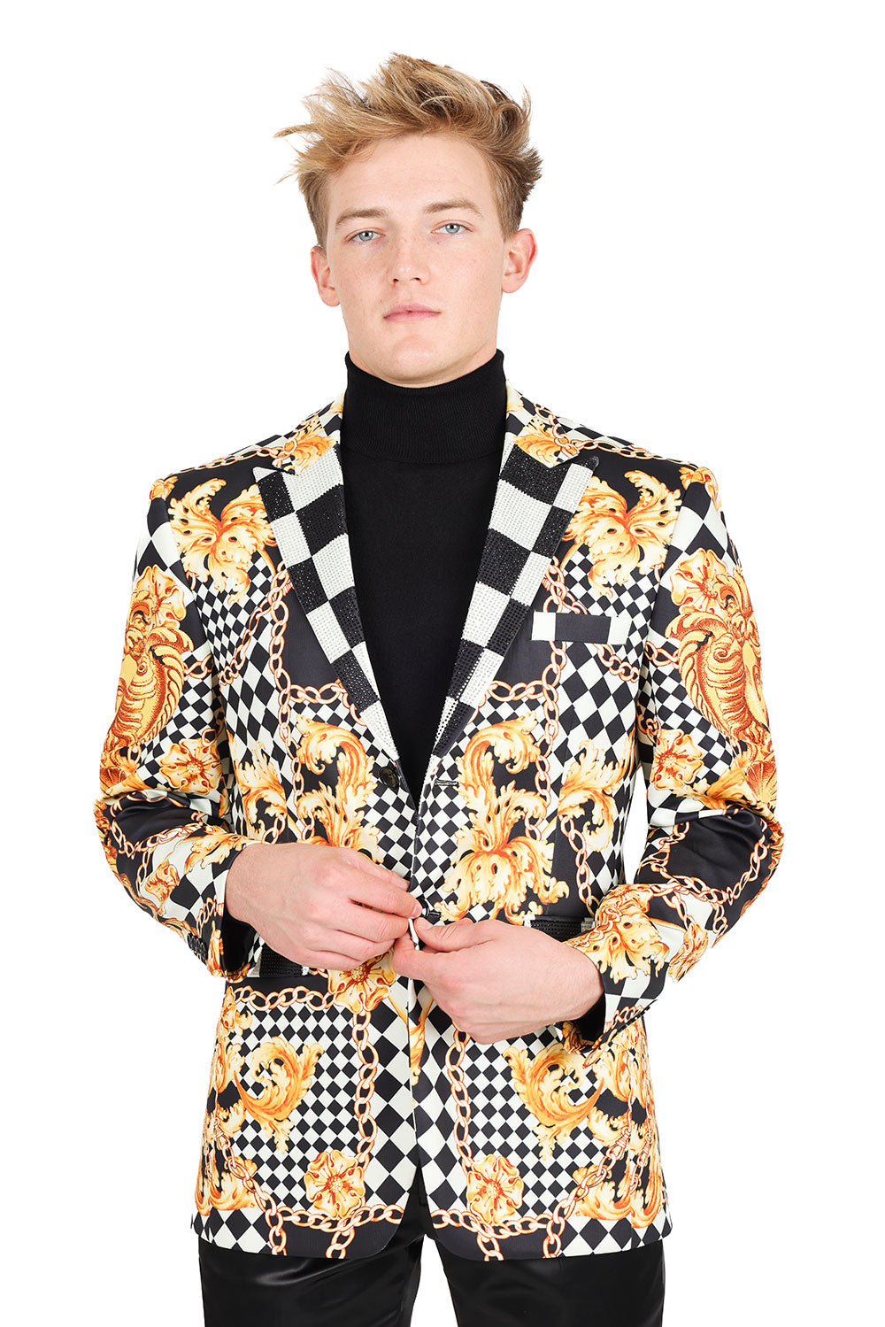 Barabas Men's Checkered Medusa Baroque Notch Lapel Blazer JSP200 Black Gold