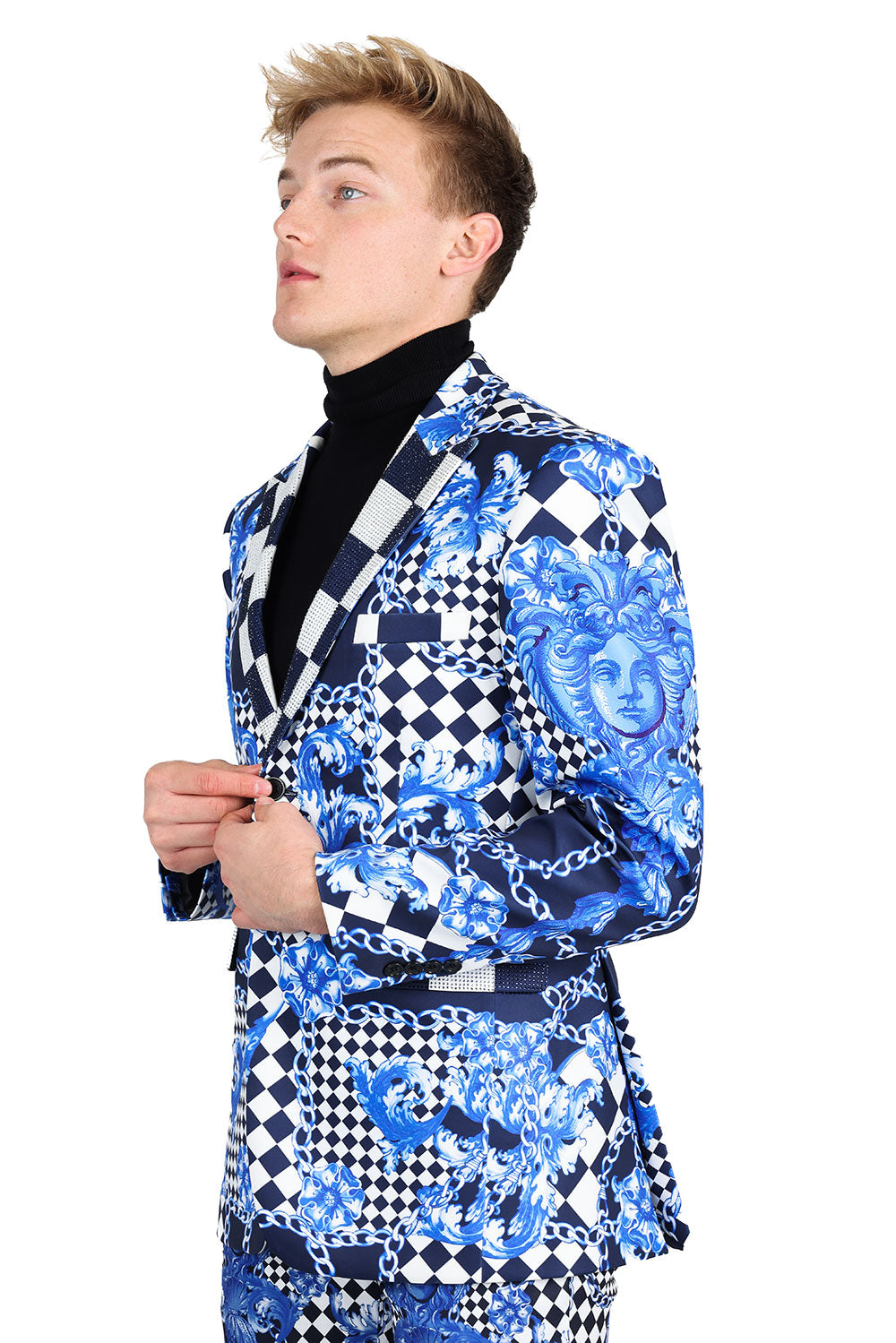 Barabas Men's Checkered Medusa Baroque Notch Lapel Blazer JSP200 Blue Navy