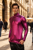 Barabas Men's Metallic Shiny Long Sleeve Turtleneck Sweater 2KT1000 #Color_Magenta