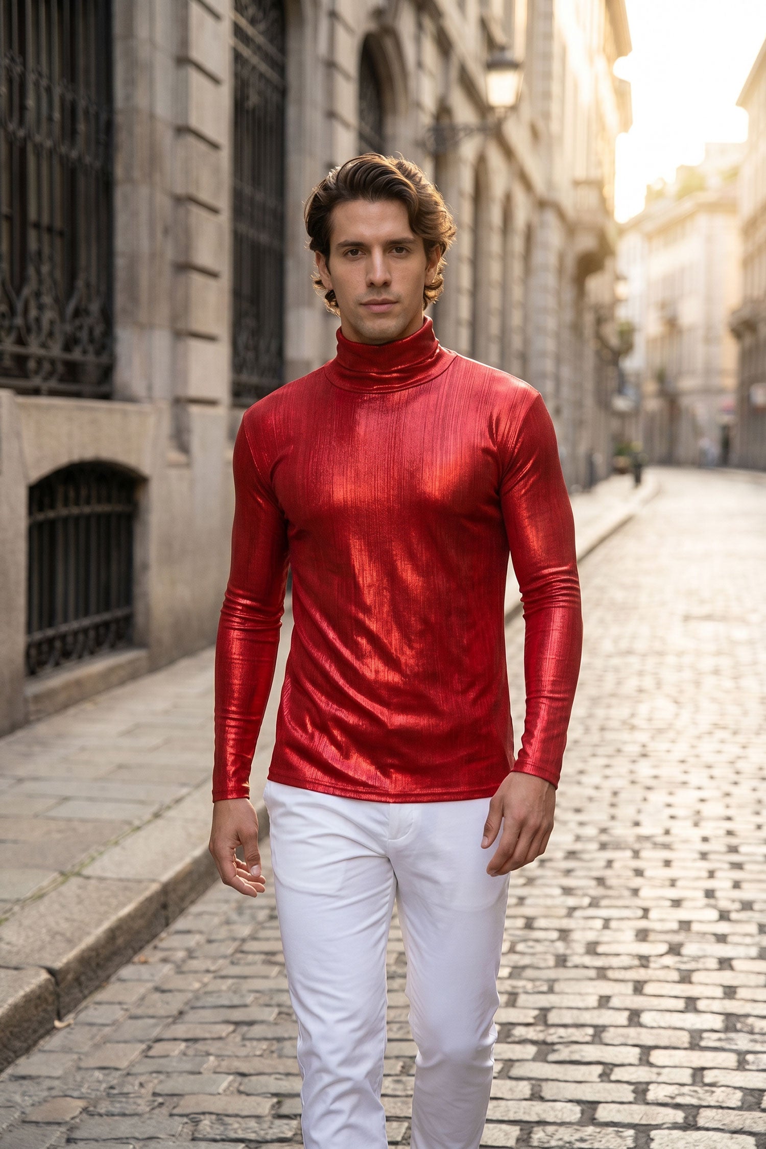 Barabas Men's Metallic Shiny Long Sleeve Turtleneck Sweater 2KT1000 Red
