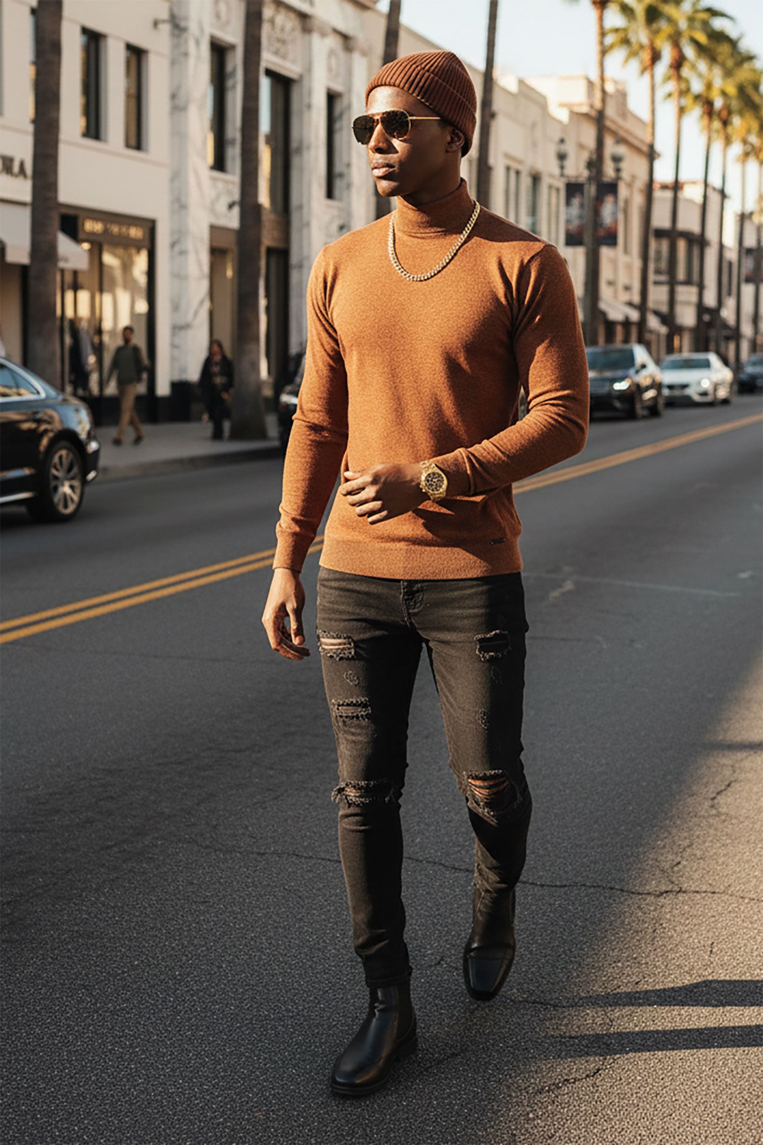 Men's Turtleneck Ribbed Solid Color Mock Turtleneck Sweater 2LS2103 Rust