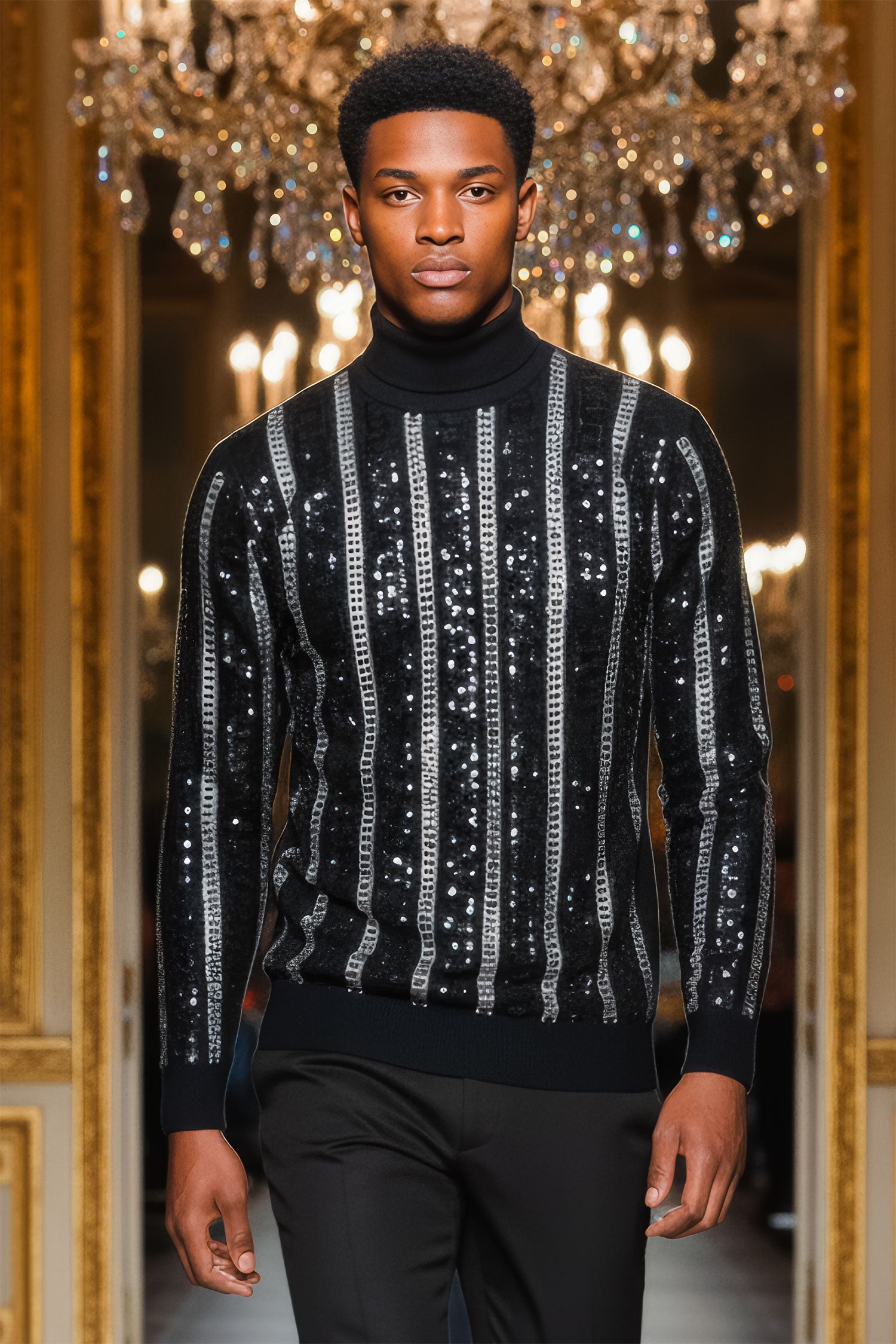 Barabas Men's Metallic Chain Long Sleeve Turtleneck Sweater 2LS2104 Black silver