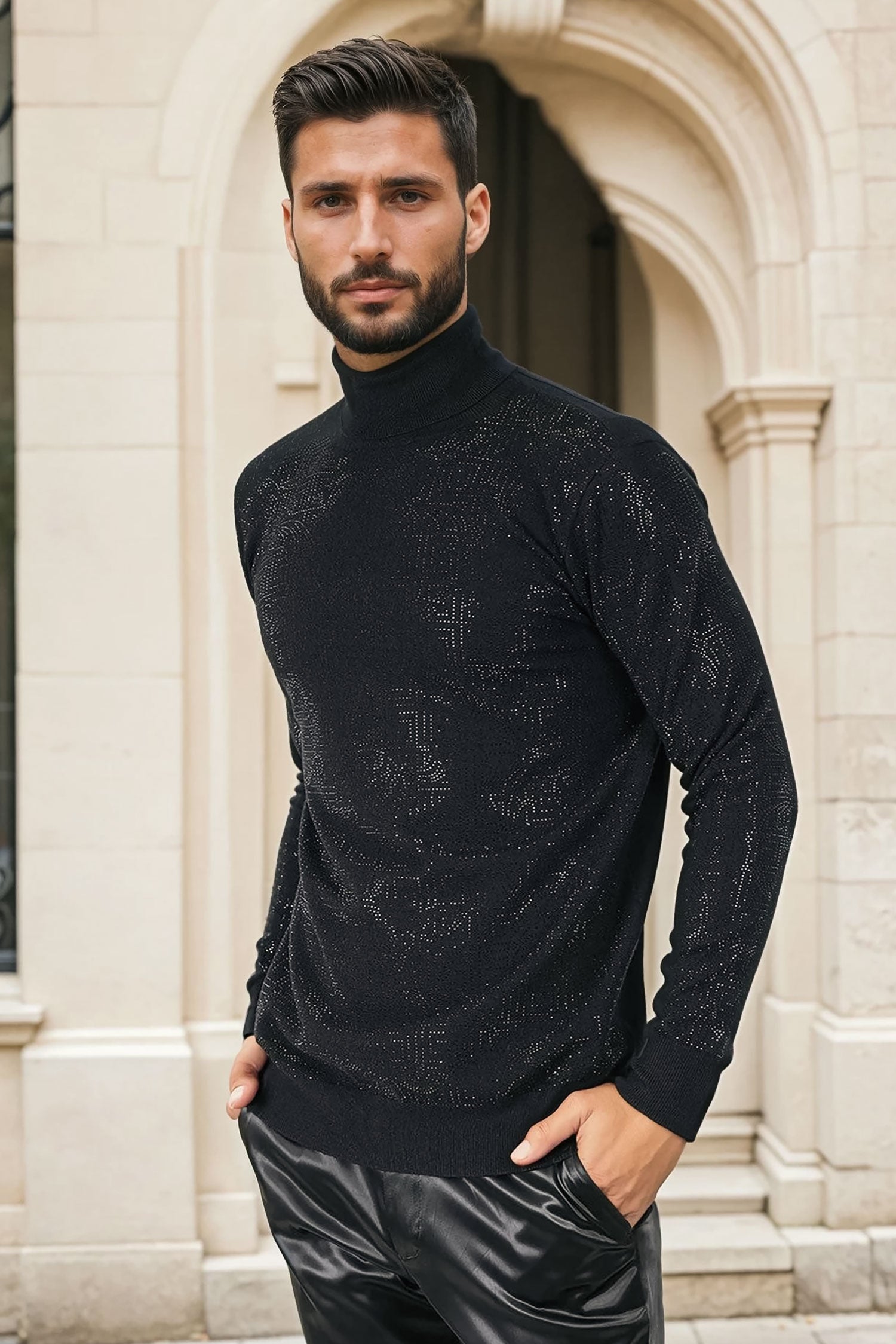 Barabas Men's Rhinestone Floral Greek Pattern Turtleneck Sweater 2LS2105 