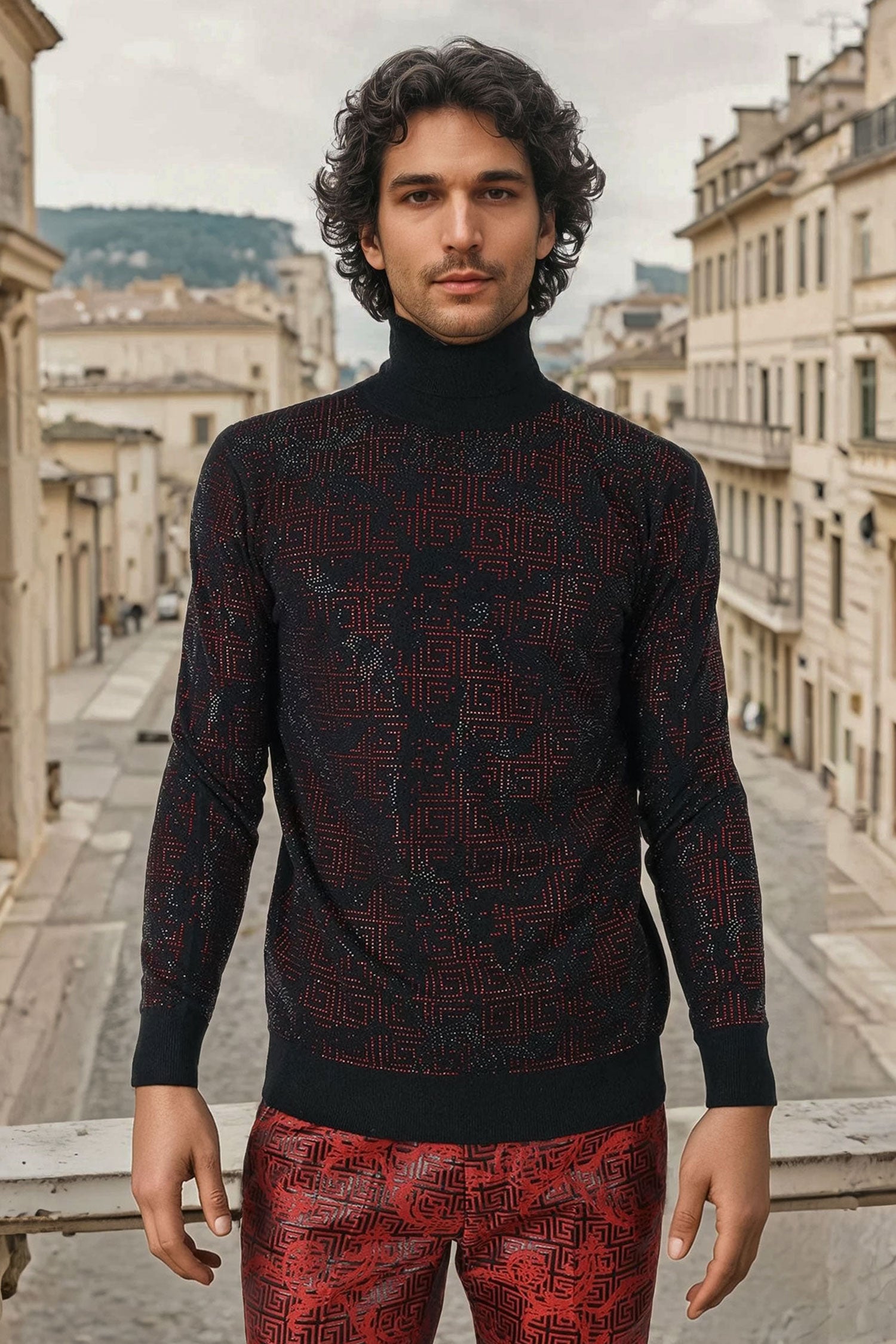 Barabas Men's Rhinestone Floral Greek Pattern Turtleneck Sweater 2LS2105 