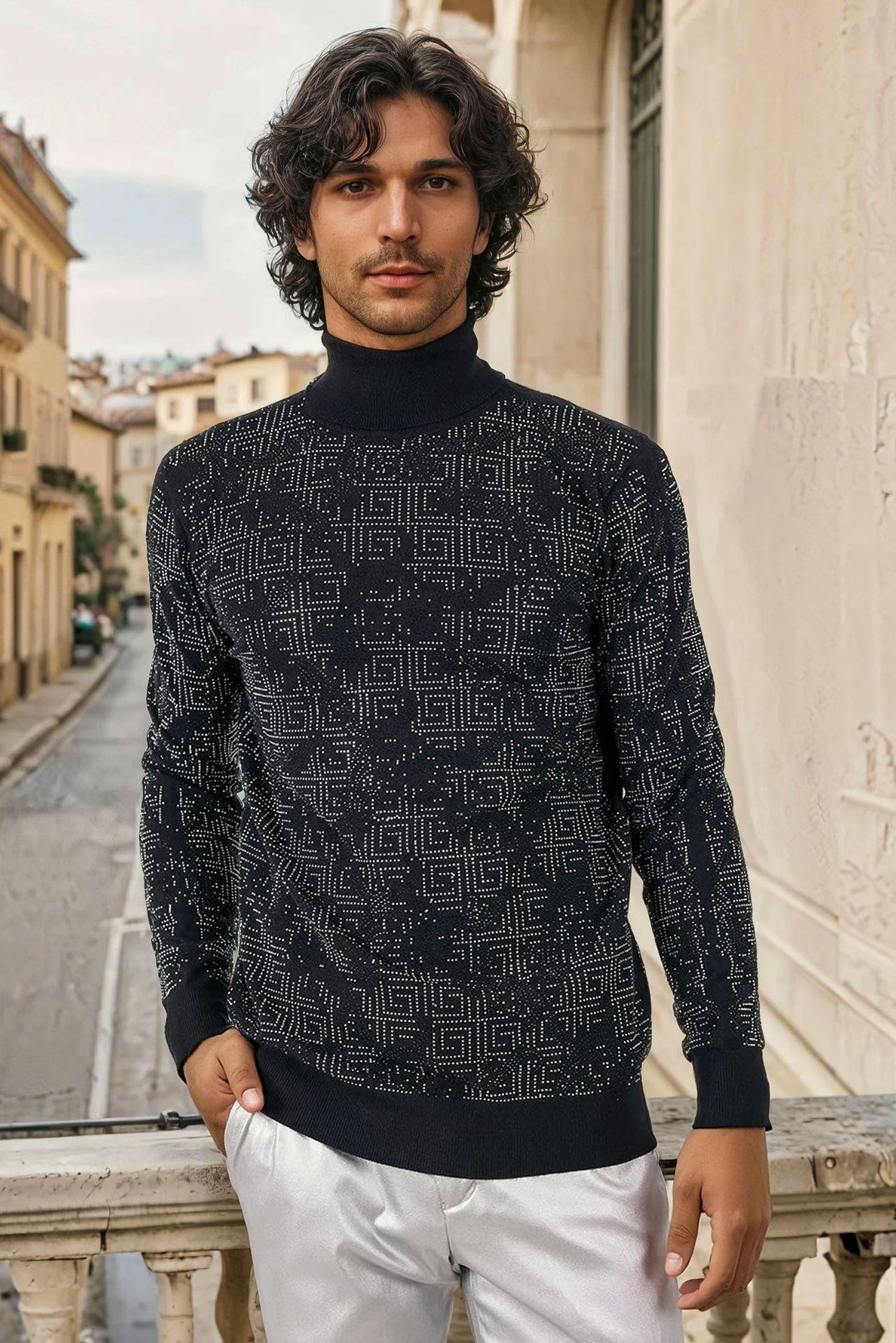 Barabas Men's Rhinestone Floral Greek Pattern Turtleneck Sweater 2LS2105 