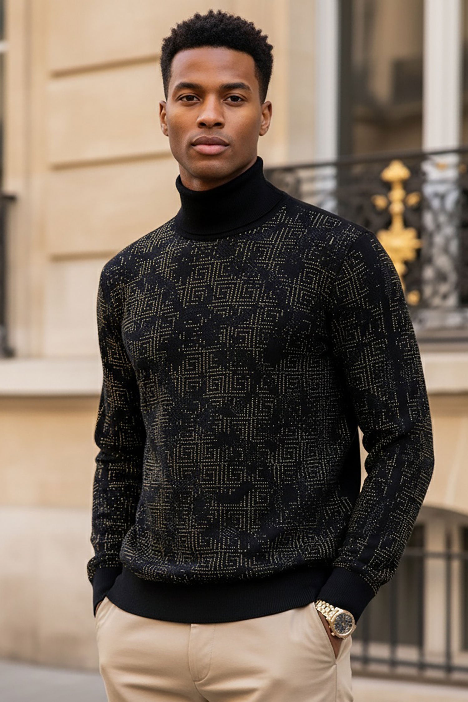 Barabas Men's Rhinestone Floral Greek Pattern Turtleneck Sweater 2LS2105 Black Gold