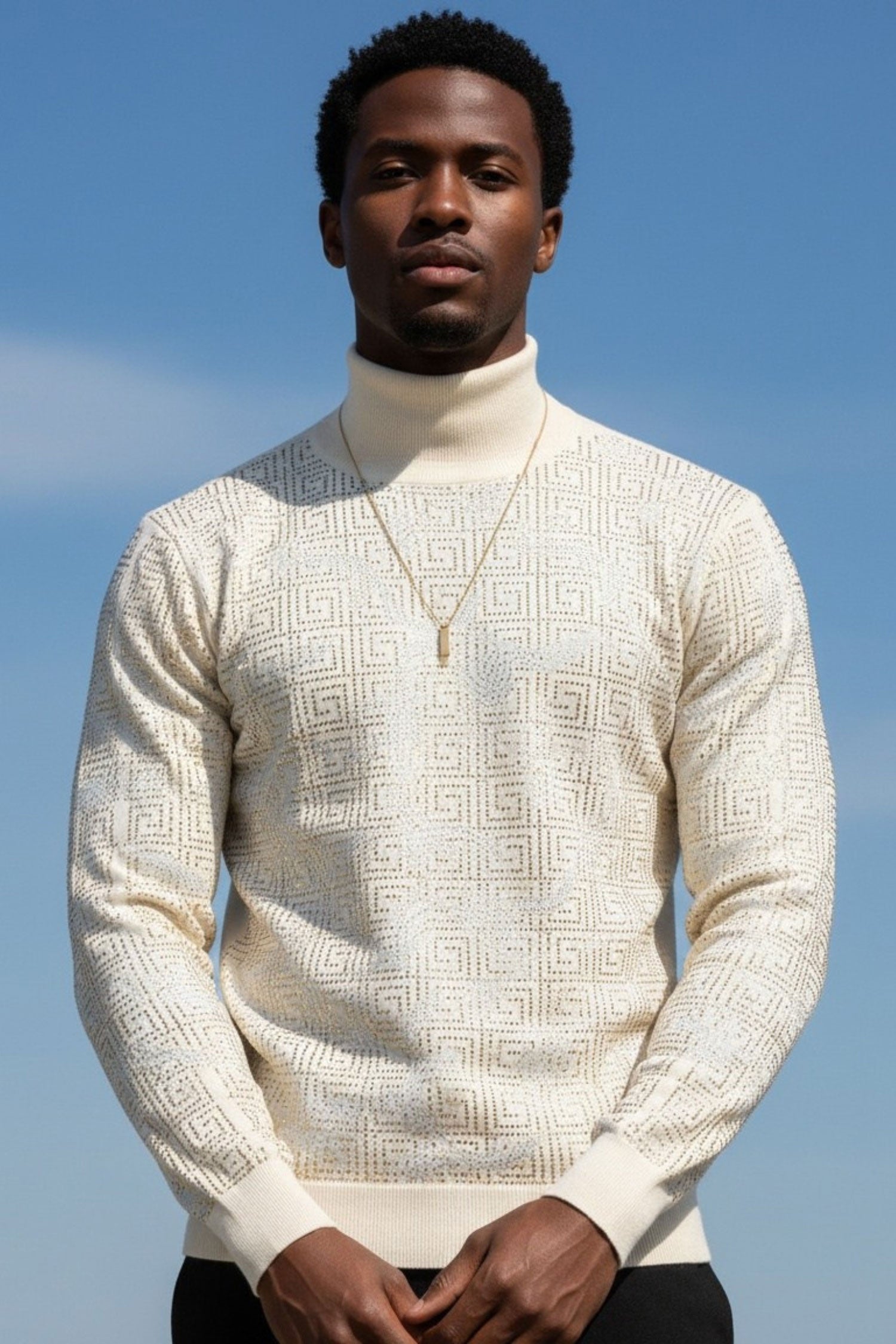 Barabas Men's Rhinestone Floral Greek Pattern Turtleneck Sweater 2LS2105 Cream Gold